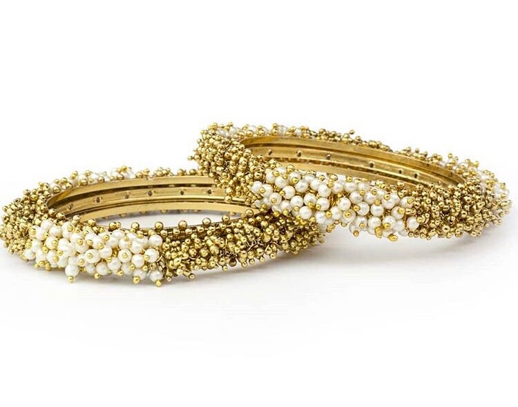 Pair of Gold and Pearl Statement Kangan Karas Indian Bangles Handwoven Gajra Bangles