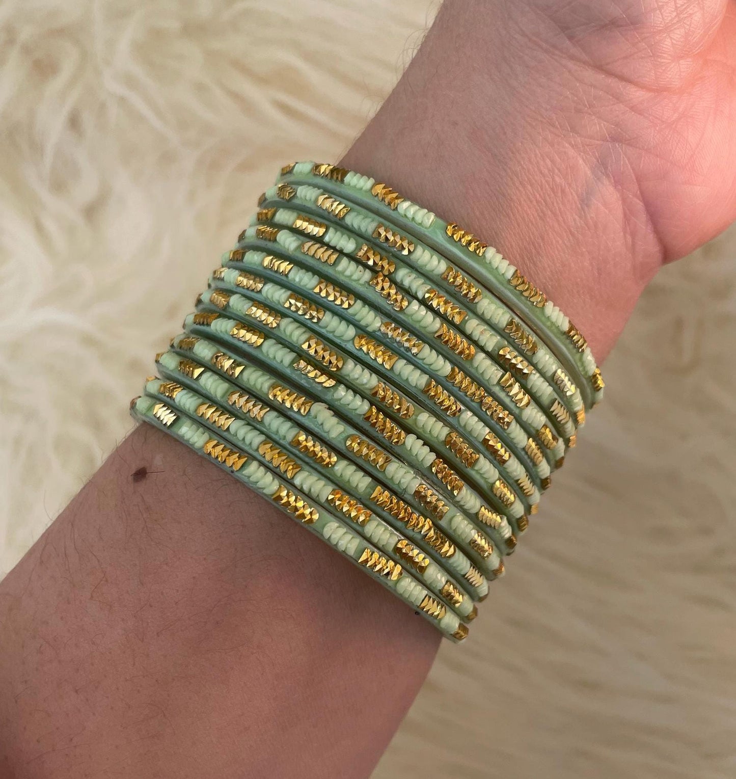 Glass Minty Soofiya Green Coloured Glass Bangles with embellishments | 12 Bangles