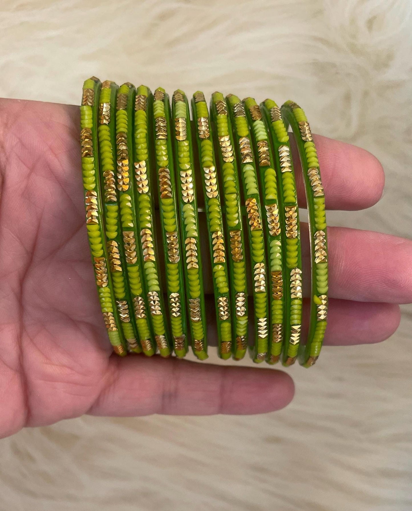 Light Green Tota Coloured Glass Bangles with embellishments | 12 Bangles