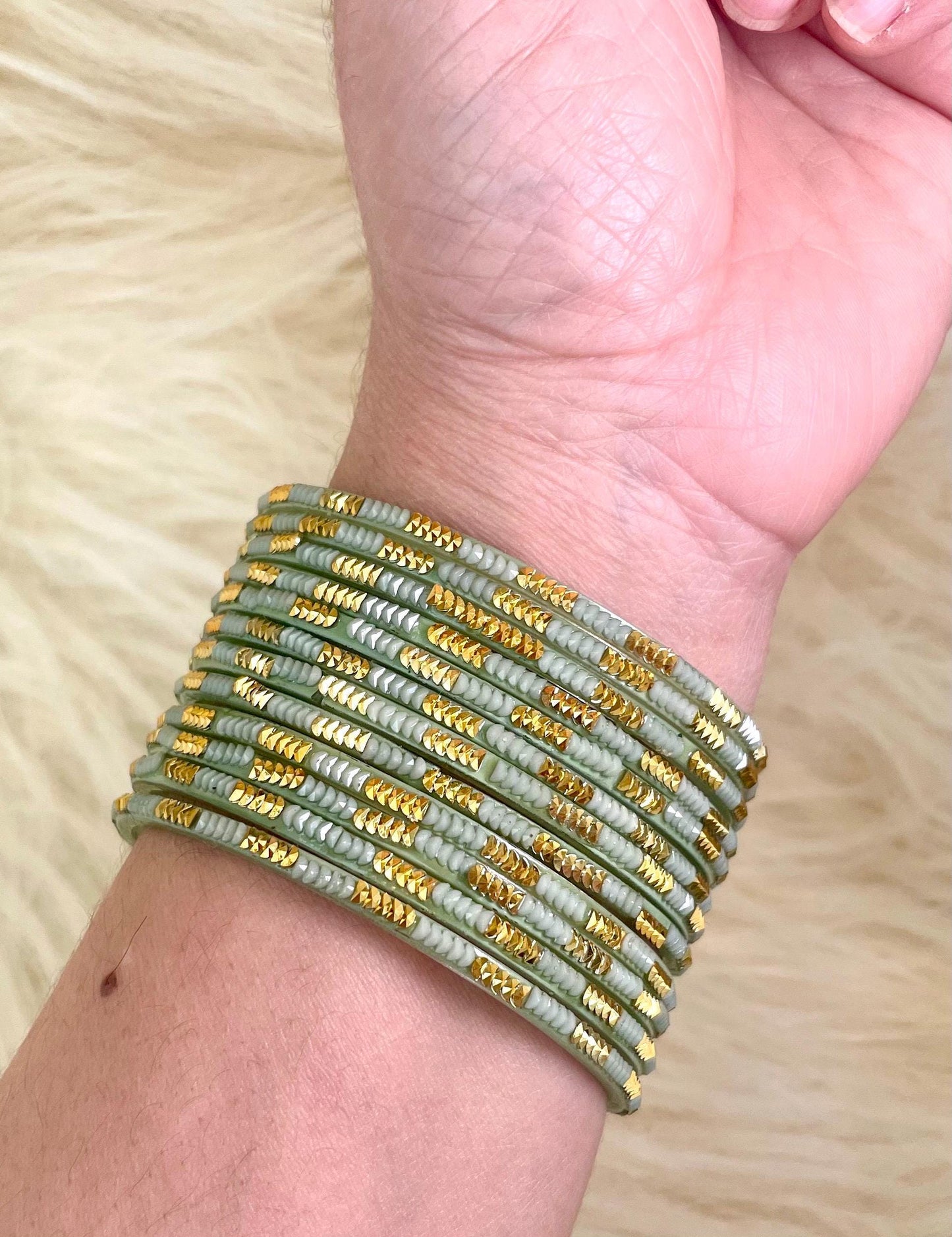 Gray Green Soofiya Angoor Coloured Glass Bangles with embellishments | 12 Bangles