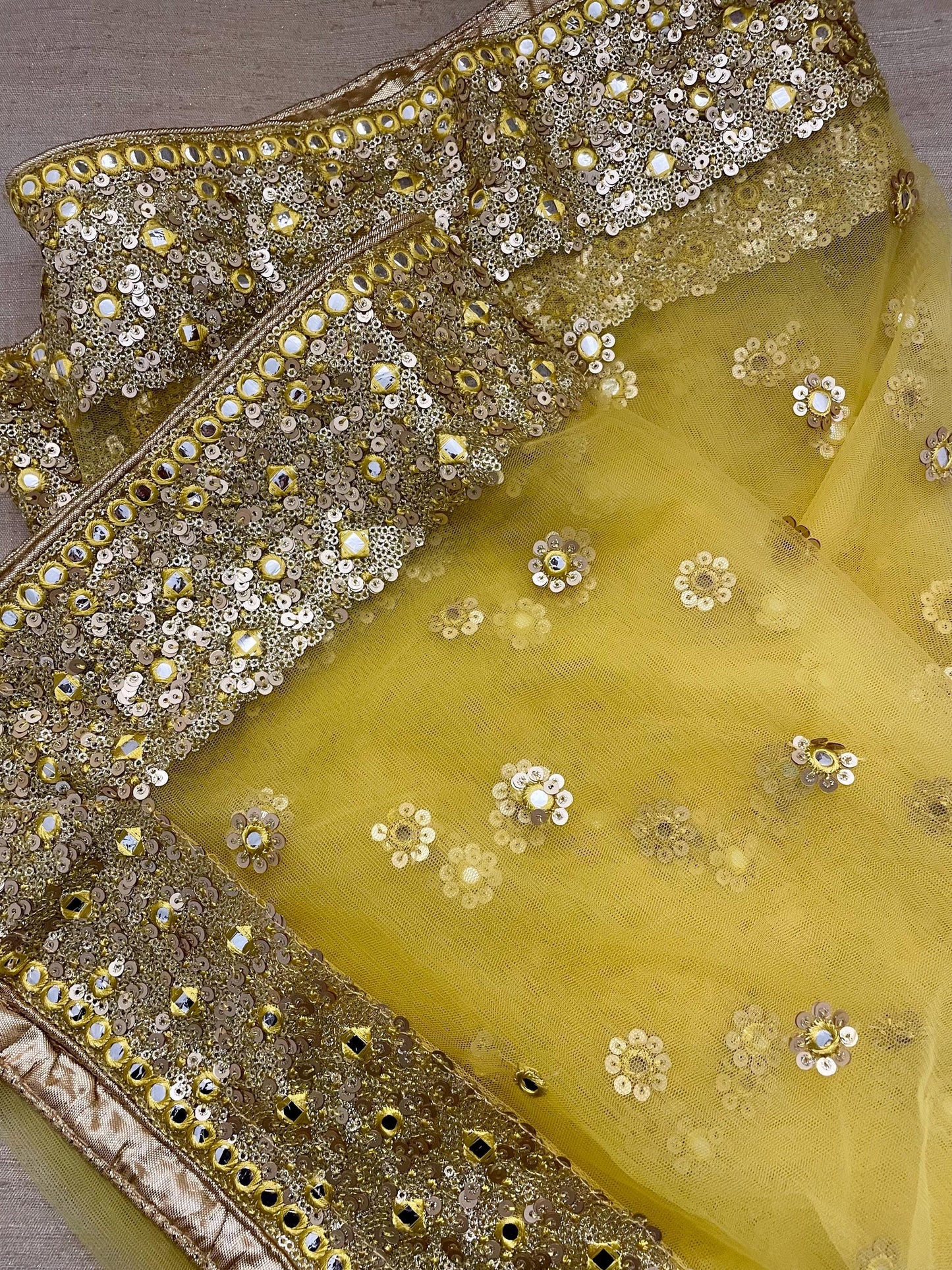 Yellow| Net Duppattas Broad Sequin cluster faux mirror work border Scarf Chunni Chunri Odhni Weddings Dressing
