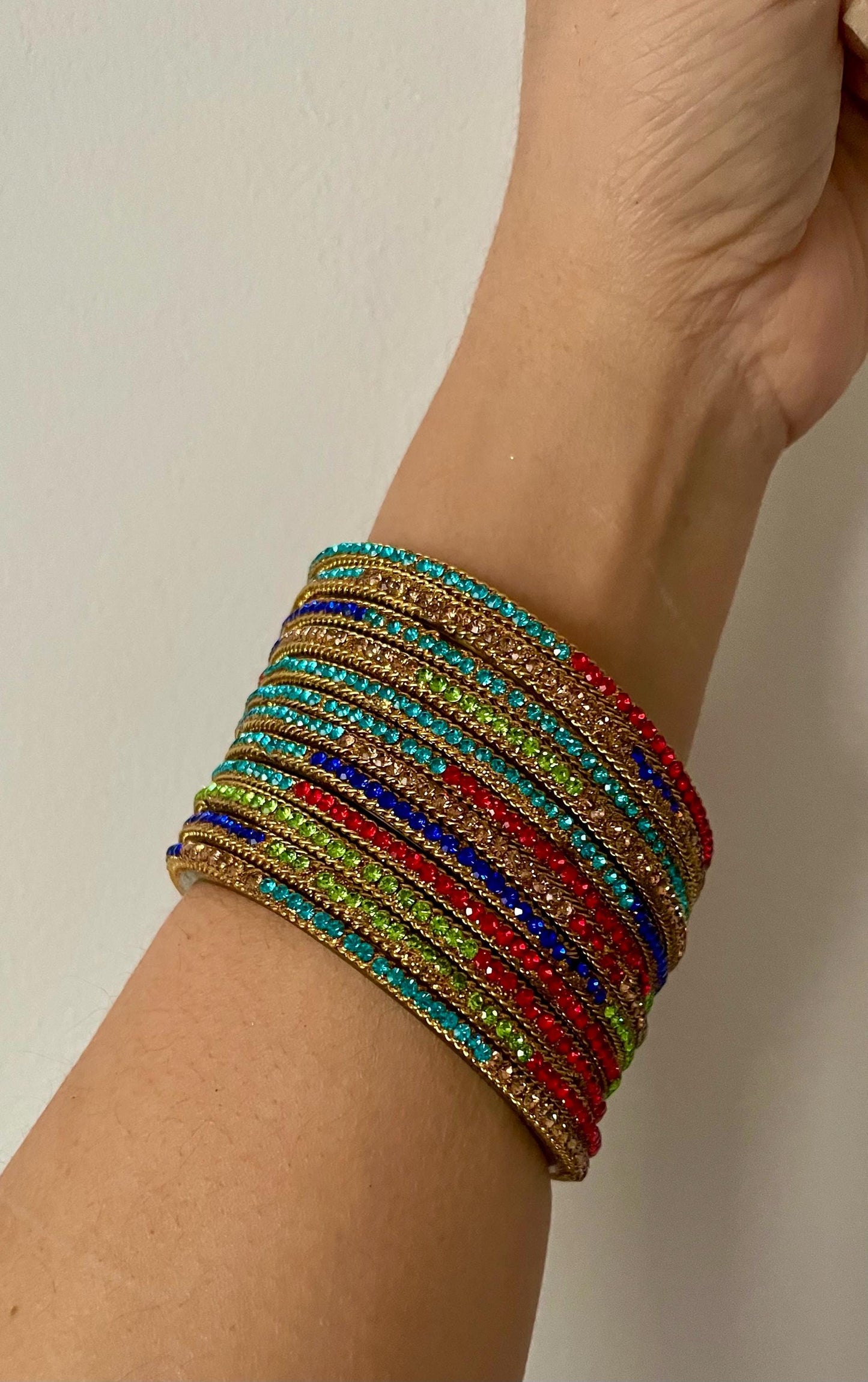 Glass Bangles encrusted with rhinestones and Golden chain on edges| Multi Coloured and Gold Stones | 12 Bangles