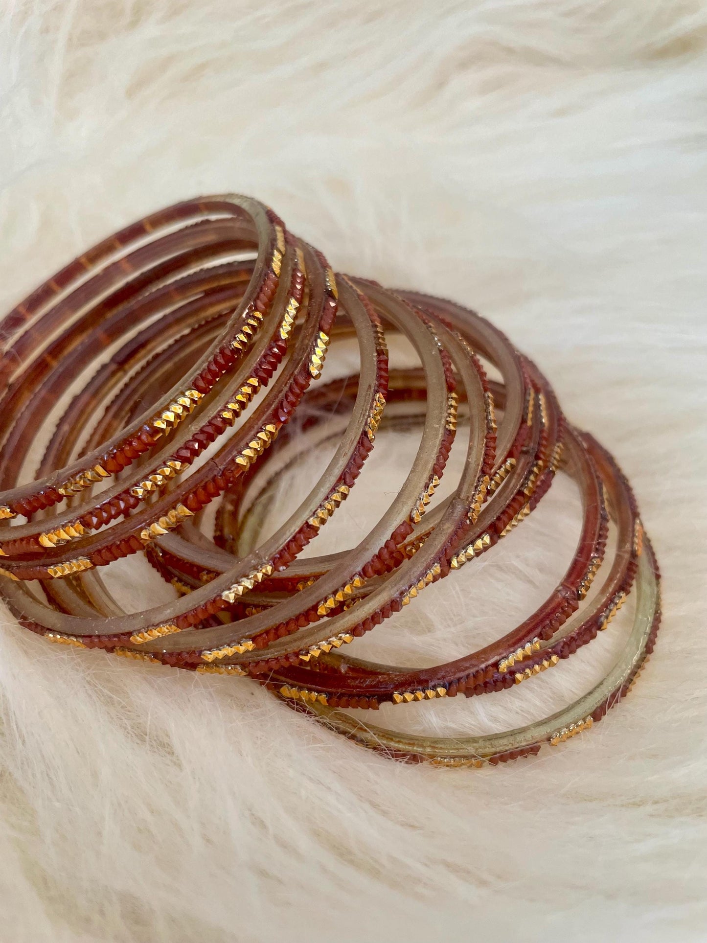 Brown Copper-ish Coloured Glass Bangles with embellishments | 12 Bangles