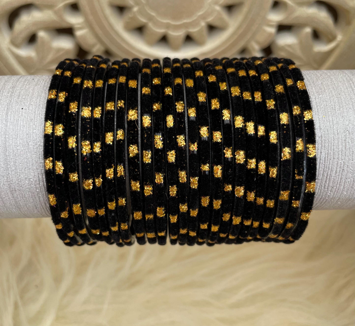 Black Glass Bangles Set with Gold Dots – Indian Traditional Stack Bracelets for Women, Wedding Jewelry| Hand-crafted| 10 Bangles