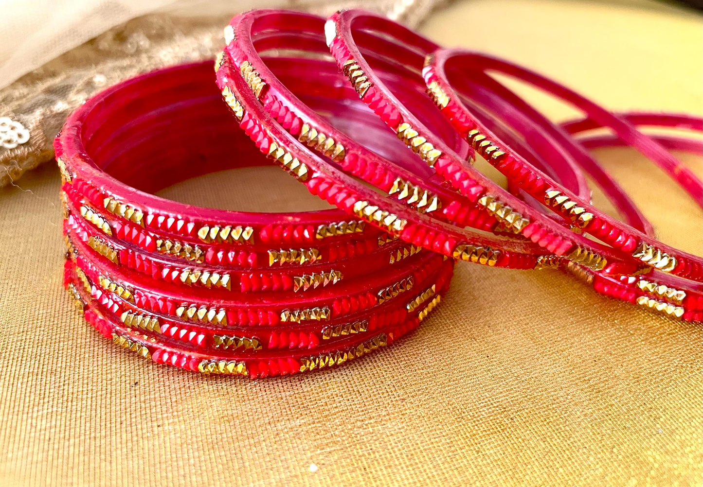 Glass Bangles- Pack of 10 Bangles| Red Various Designs