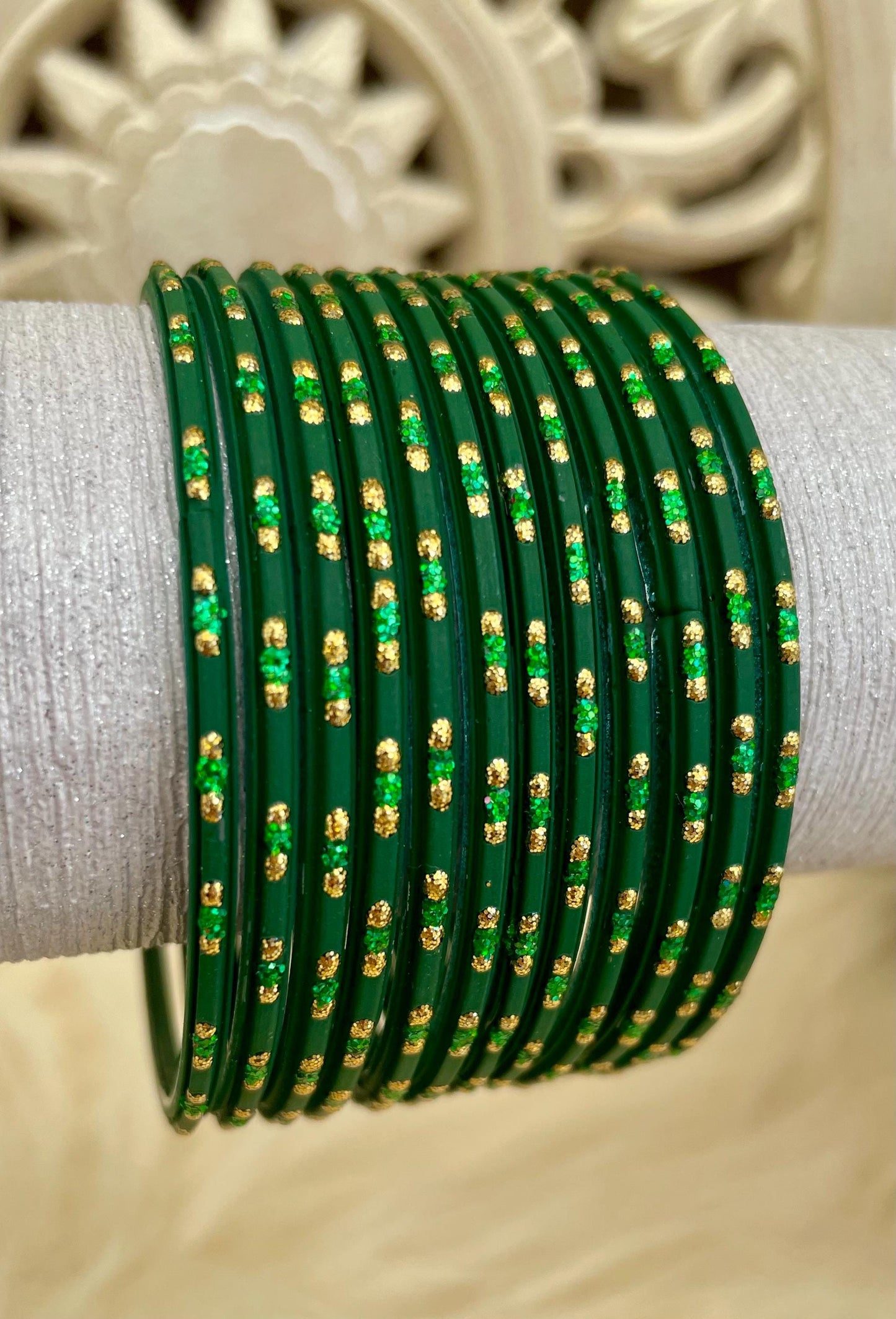 Glass Bangles- Dark Green Colour Pack of 12 Glitter