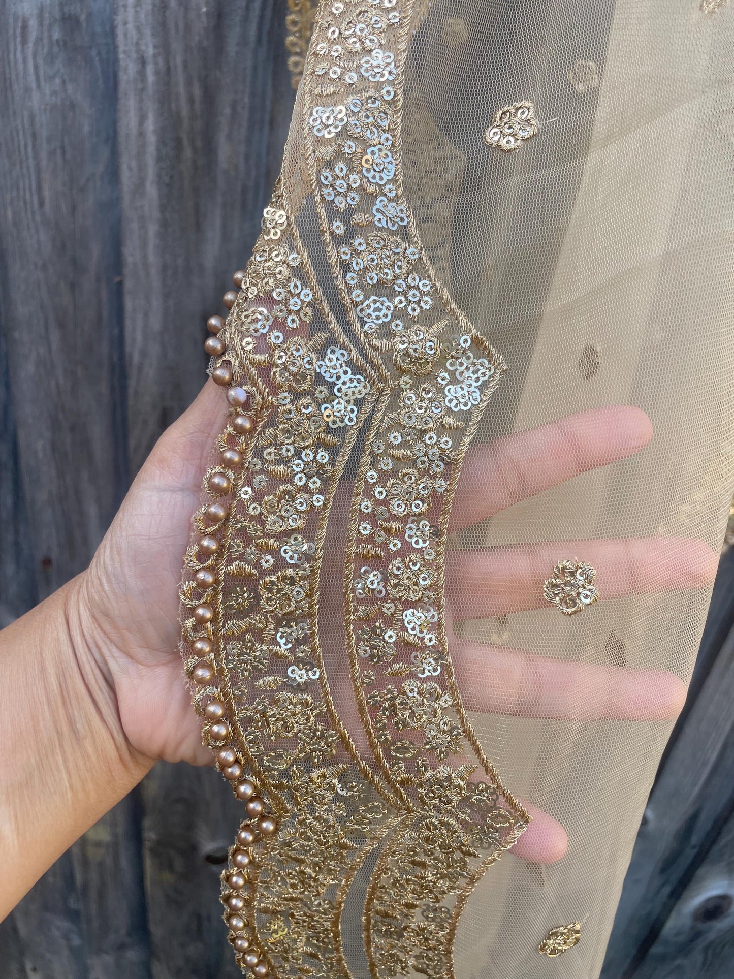 Gold/ Beige Net Duppattas scallop Sequin border Scarf Chunni Chunri Odhni Eid Outfit update Salwar Kameez