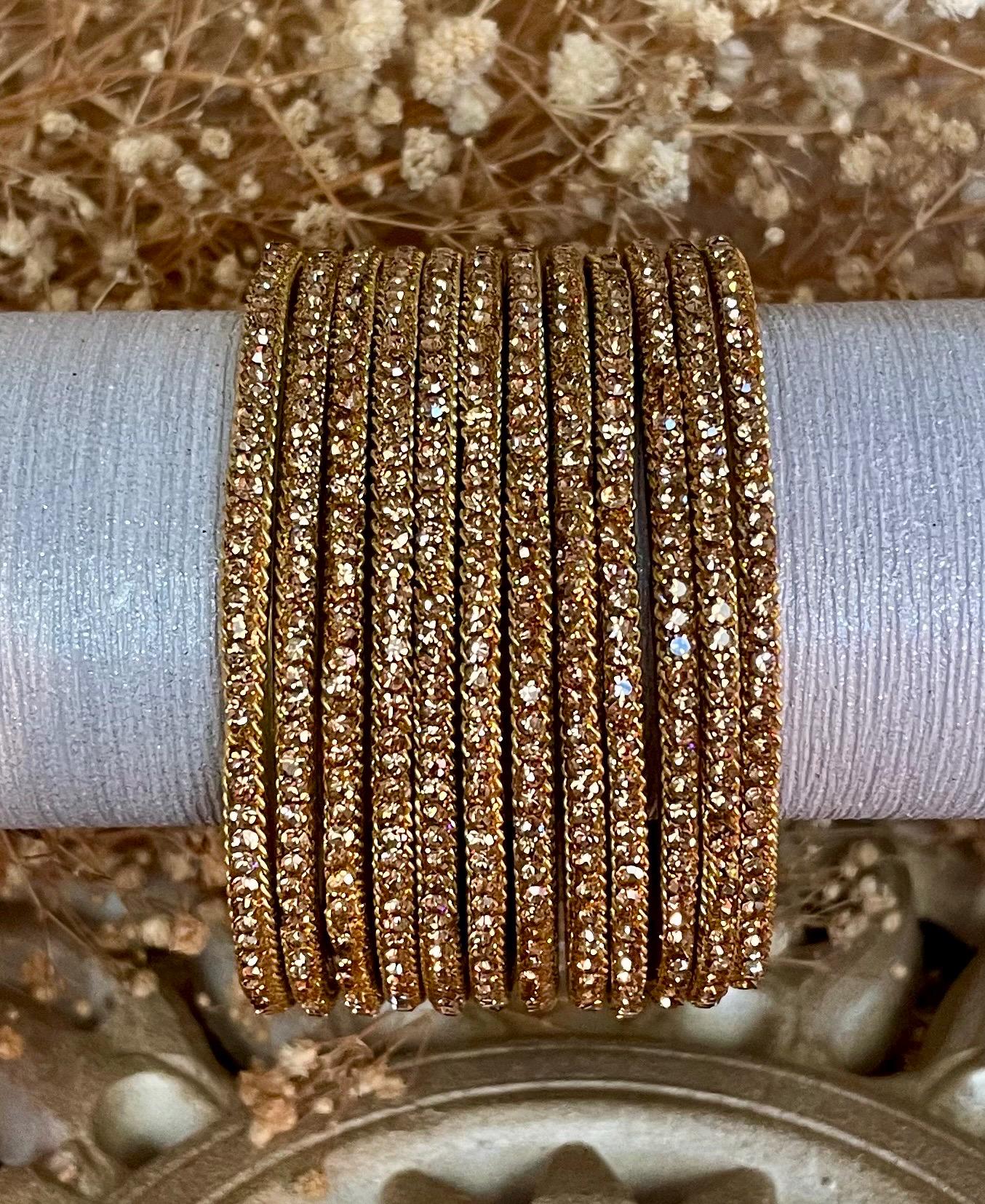 Glass Bangles encrusted with rhinestones and Golden chain on edges| Gold on Gold Stones | 12 Bangles