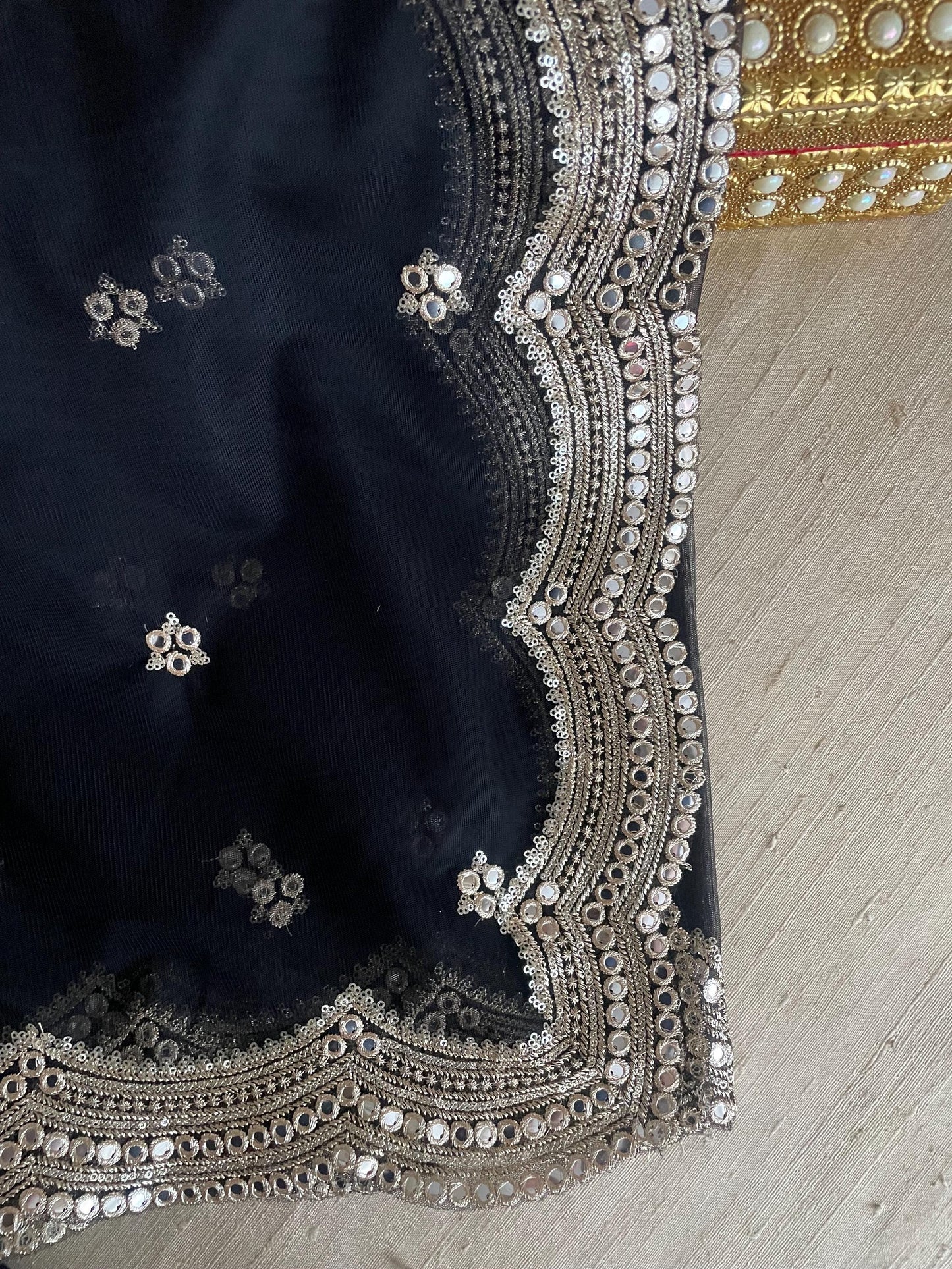Black| Kalaa Net Duppattas scallop Sequin border Scarf Chunni Chunri Foil Mirror Border