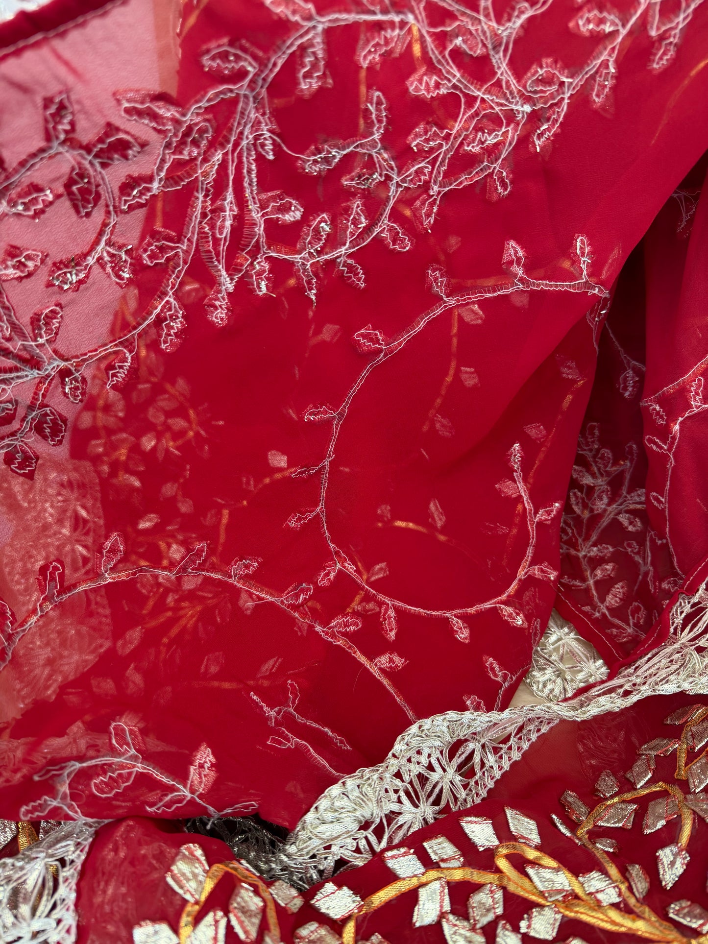 Dark-Red Silver Georgette Dupattas Heavy gota work border Scarf Chunni Chunri Odhni| Clearance