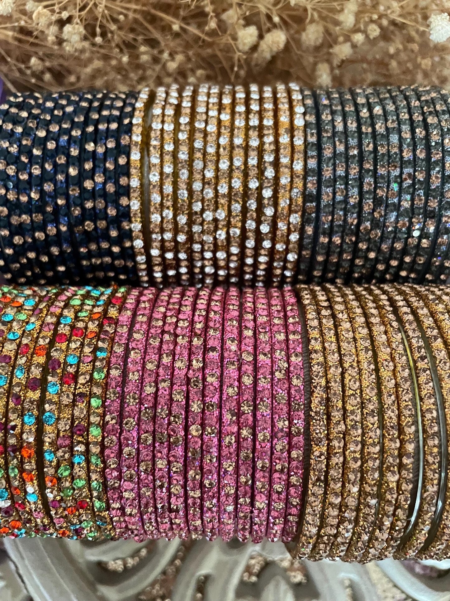 Golden and White Stones Glass Bangles with LCD stones| 12 Bangles