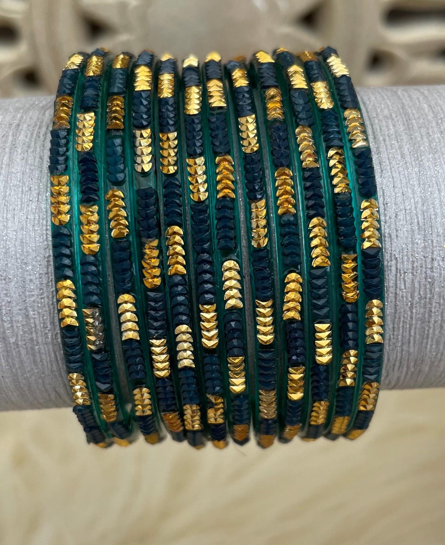 Green Coloured Glass Bangles with embellishments | 12 Bangles
