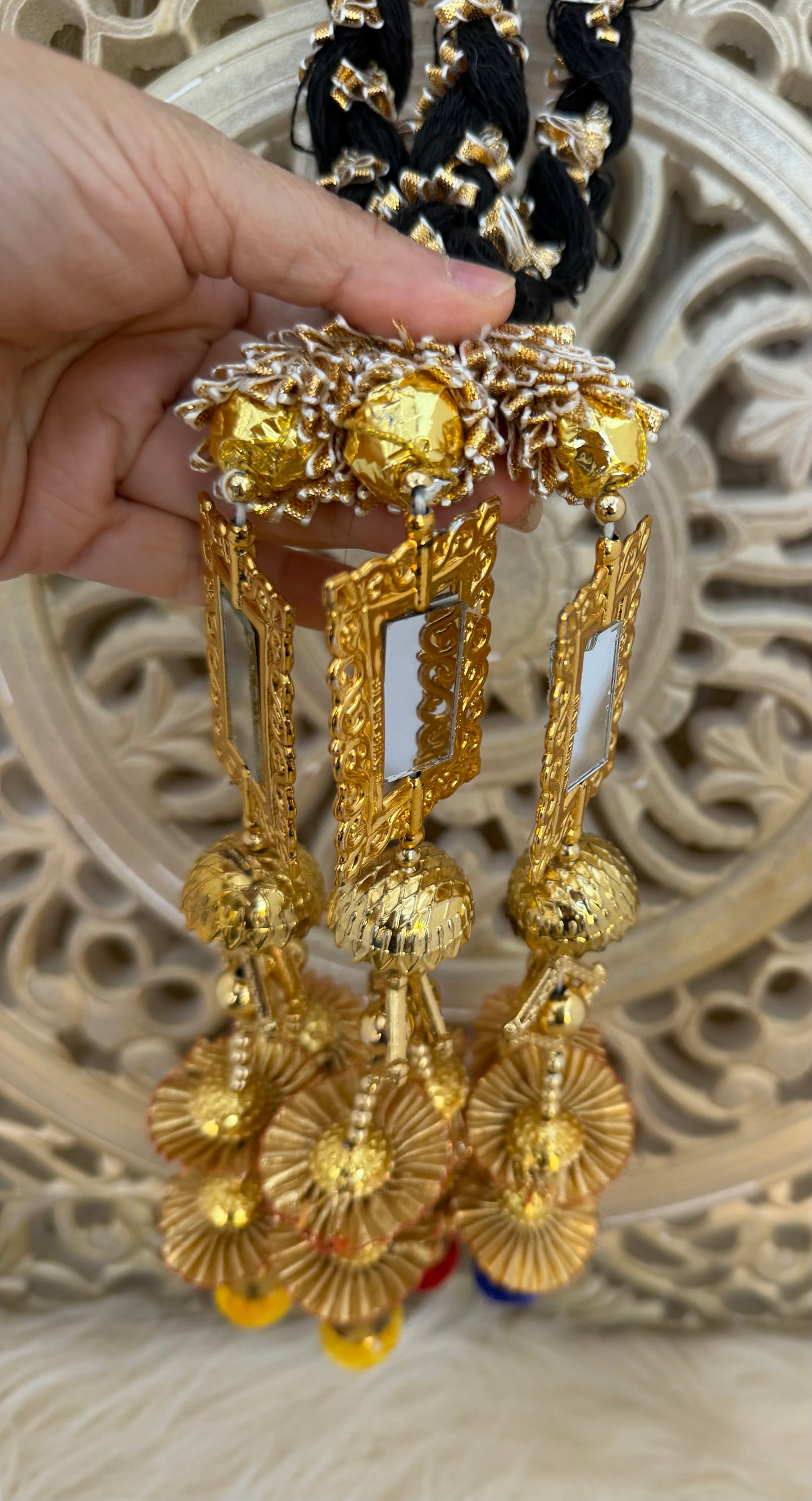 Gold Baubles Mirror Paranda Parande Mehendi Sangeet Maiyo Hair Braids Punjabi Weddings Phulkari