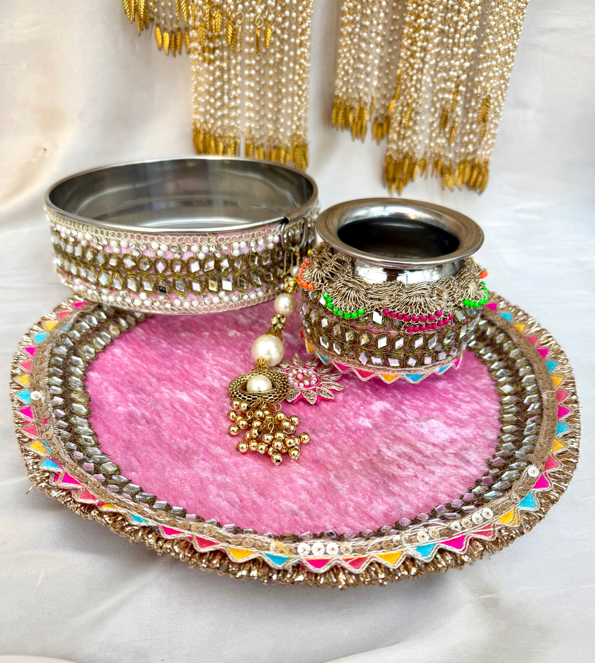 Pink Velvet Karwachauth/Karvachauth/Karwa Chauth/Teej Pooja Tray Thaal Karwa Set| 3 pieces