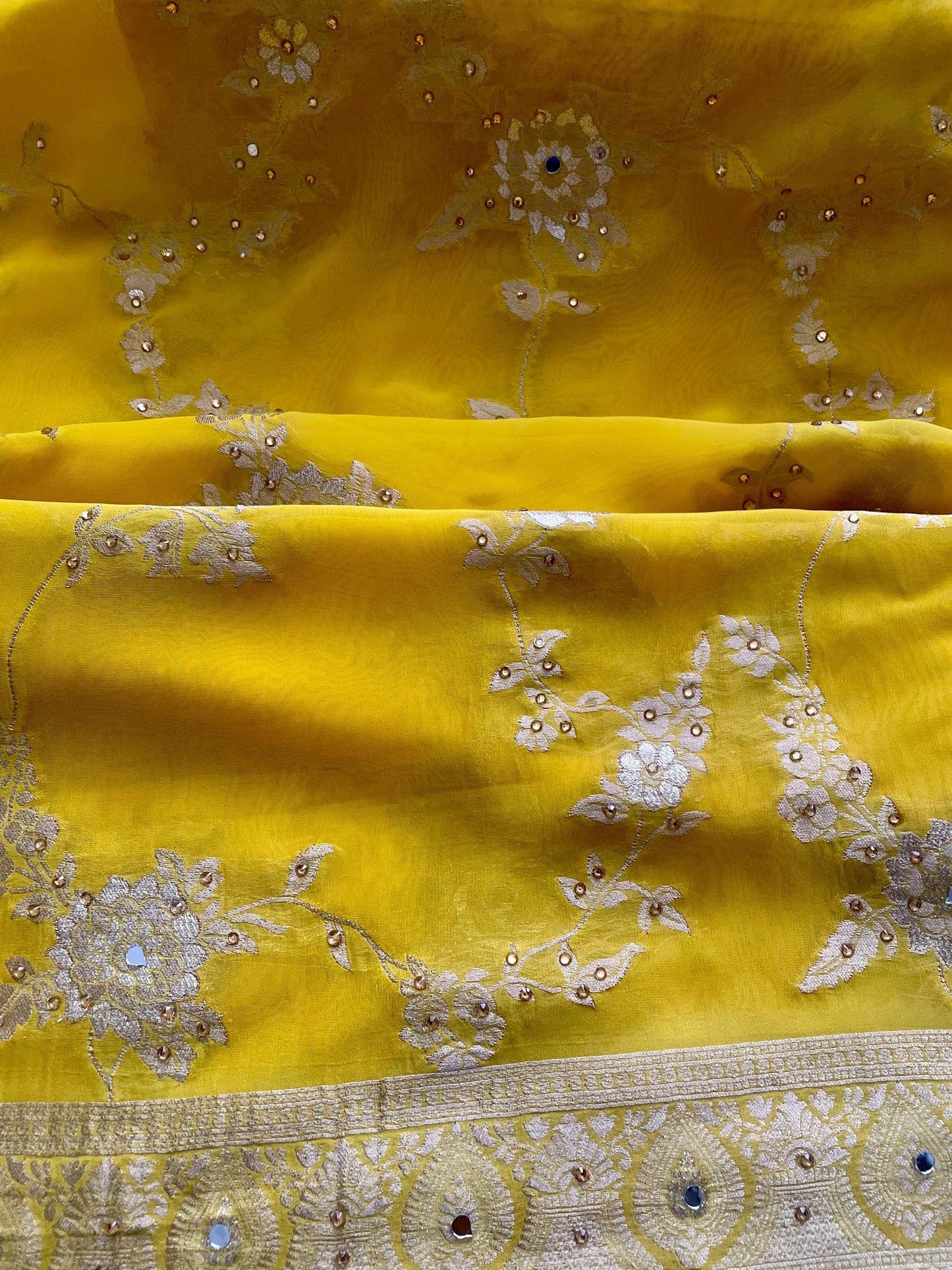 Yellow Benarsi Banarsi Duppattas Scarf Chunni Chunri Odhni with Mirrors and Champagne Rhinestones.