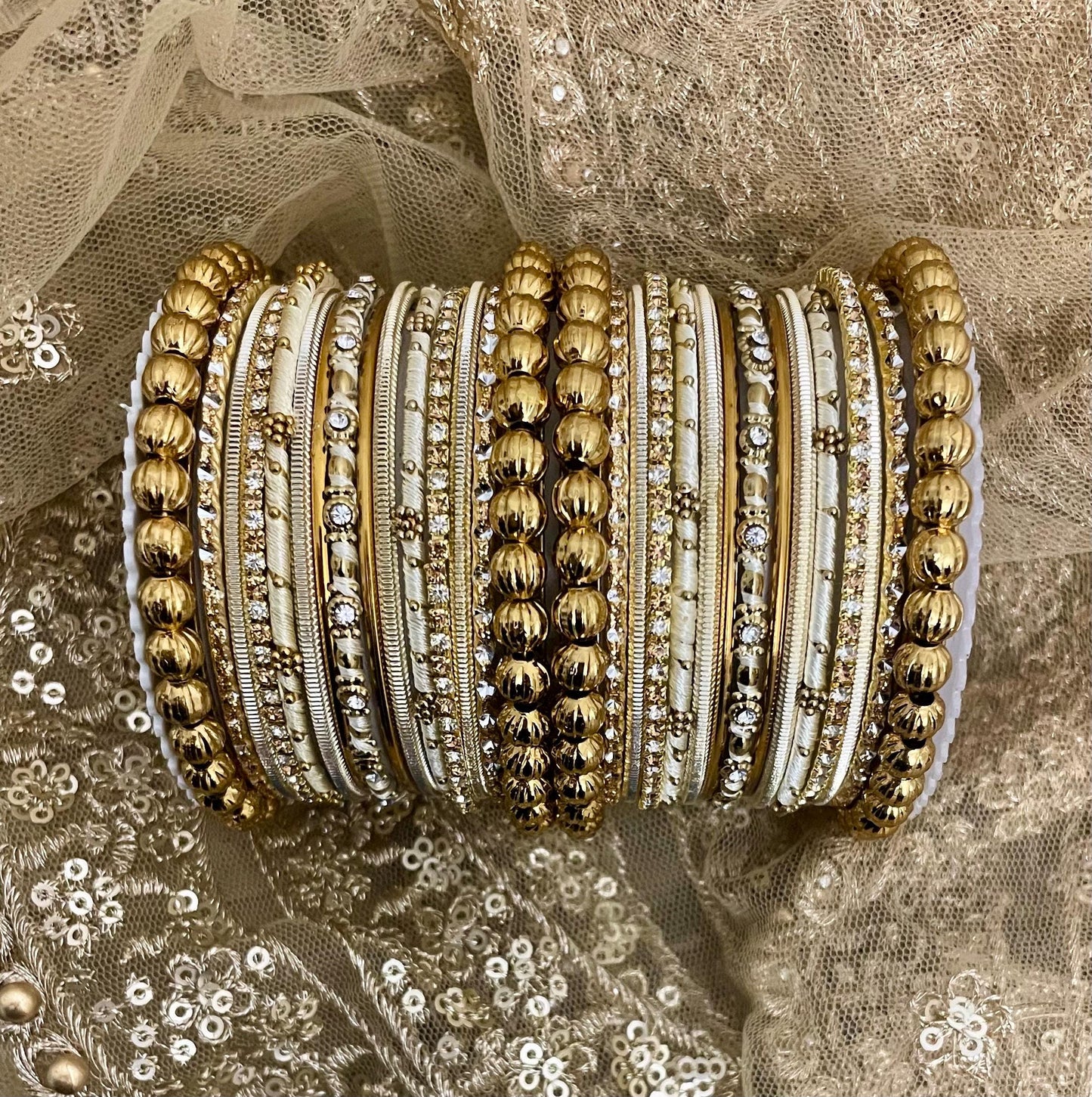 Gold n Ivory Bridal Bangle Set | Indian Wedding Chura Stack | Rhinestone & Beaded Bangles | Bride Jewelry | Festive Statement Wrist Stack