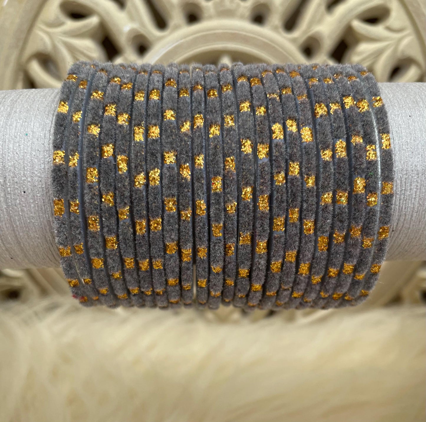 Grey Glass Bangles Set with Gold Dots – Indian Traditional Stack Bracelets for Women, Wedding Jewelry| 12 Choori