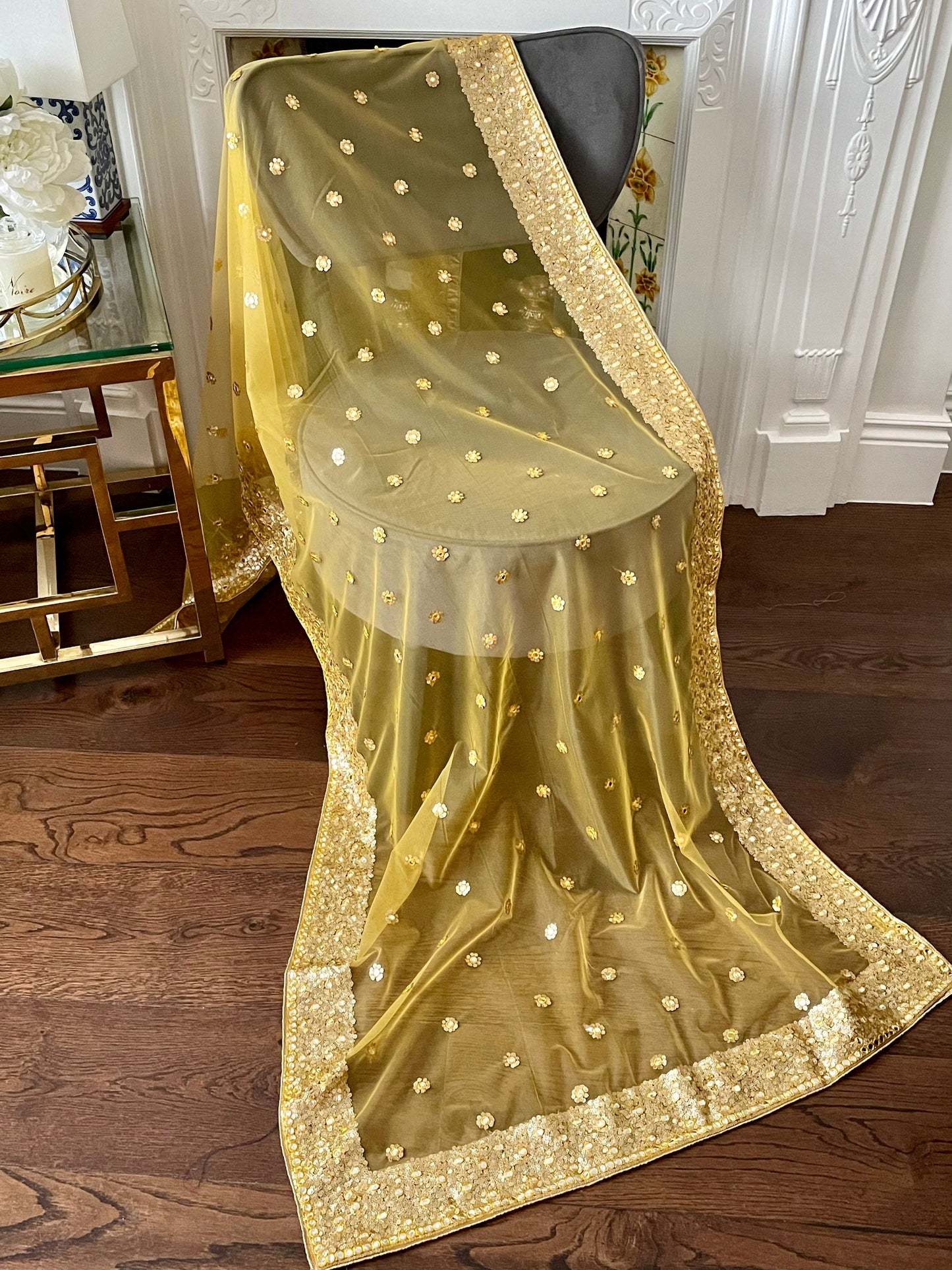 Yellow| Net Duppattas Broad Sequin cluster faux mirror work border Scarf Chunni Chunri Odhni Weddings Dressing