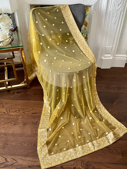 Yellow| Net Duppattas Broad Sequin cluster faux mirror work border Scarf Chunni Chunri Odhni Weddings Dressing