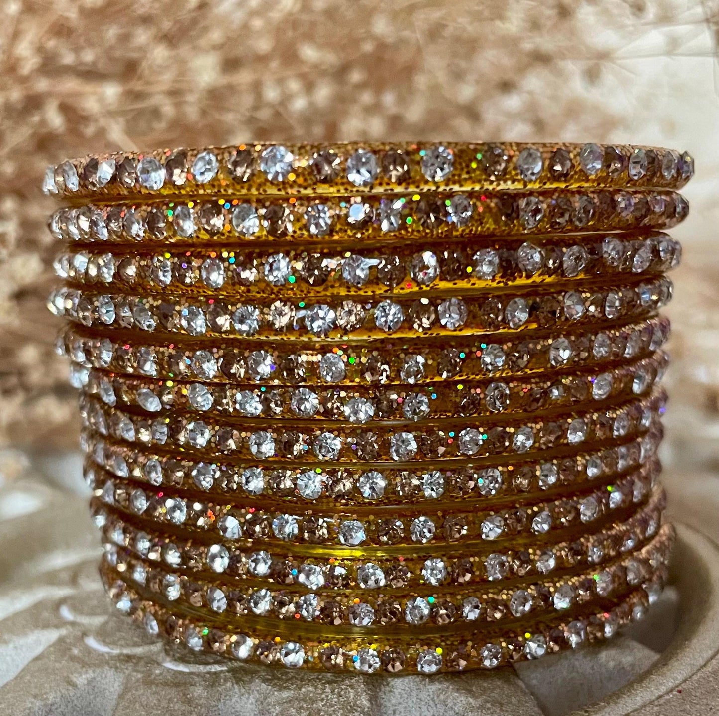 Golden and White Stones Glass Bangles with LCD stones| 12 Bangles