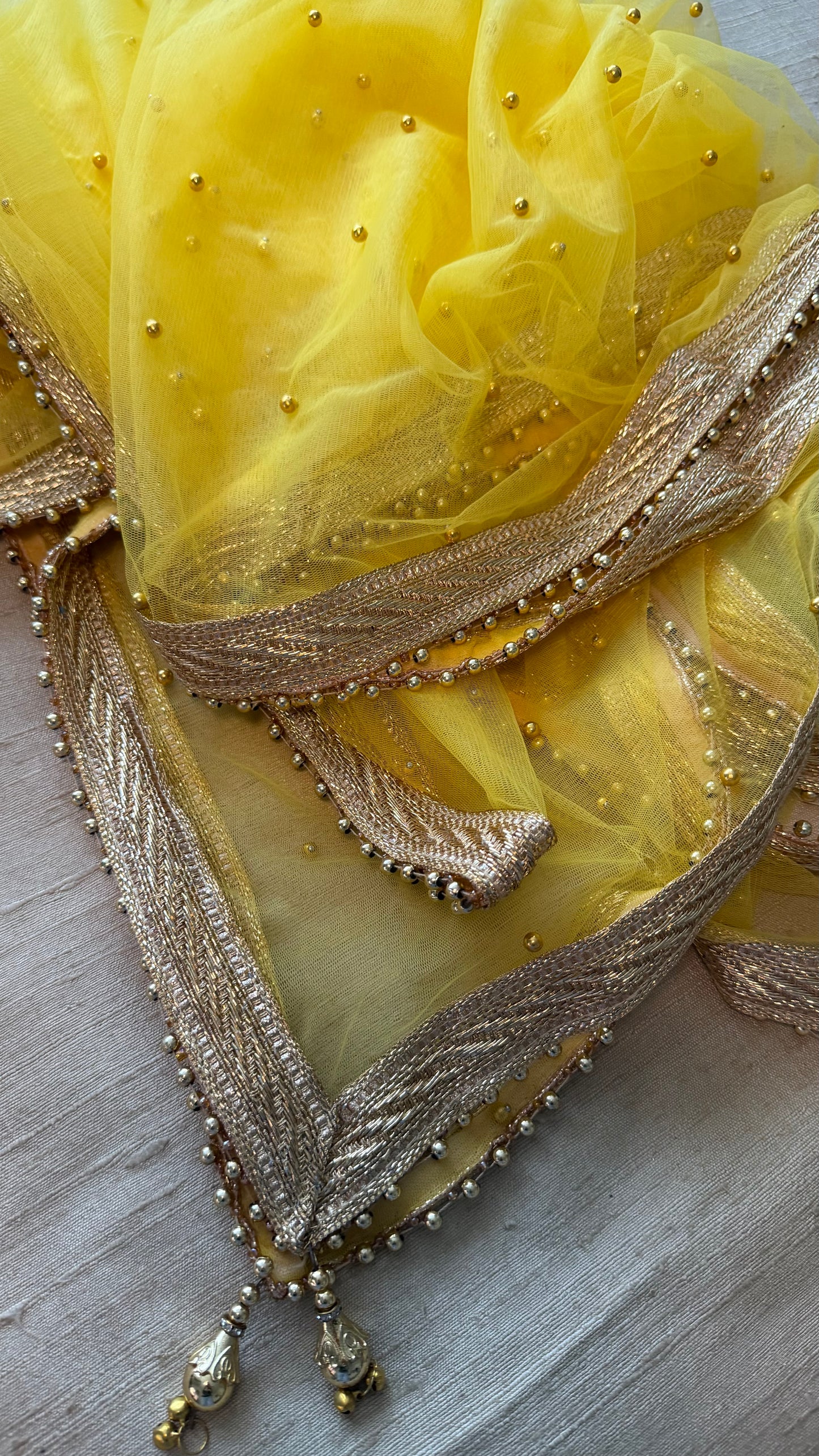 Yellow Net Dupatta| Sample Sale| Net| All over beads| Border | Latkan| Clearance might have slight defects**