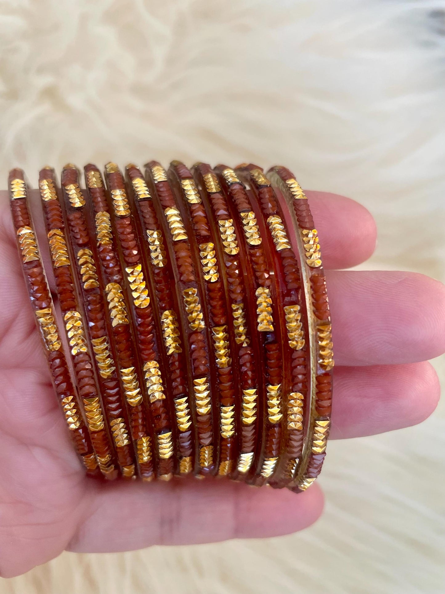 Brown Copper-ish Coloured Glass Bangles with embellishments | 12 Bangles