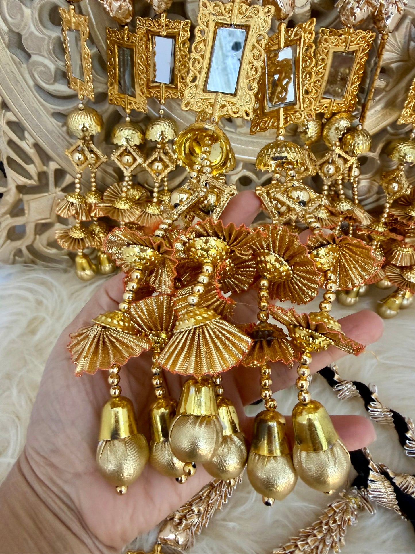 Gold Baubles Mirror Paranda Parande Mehendi Sangeet Maiyo Hair Braids Punjabi Weddings Phulkari