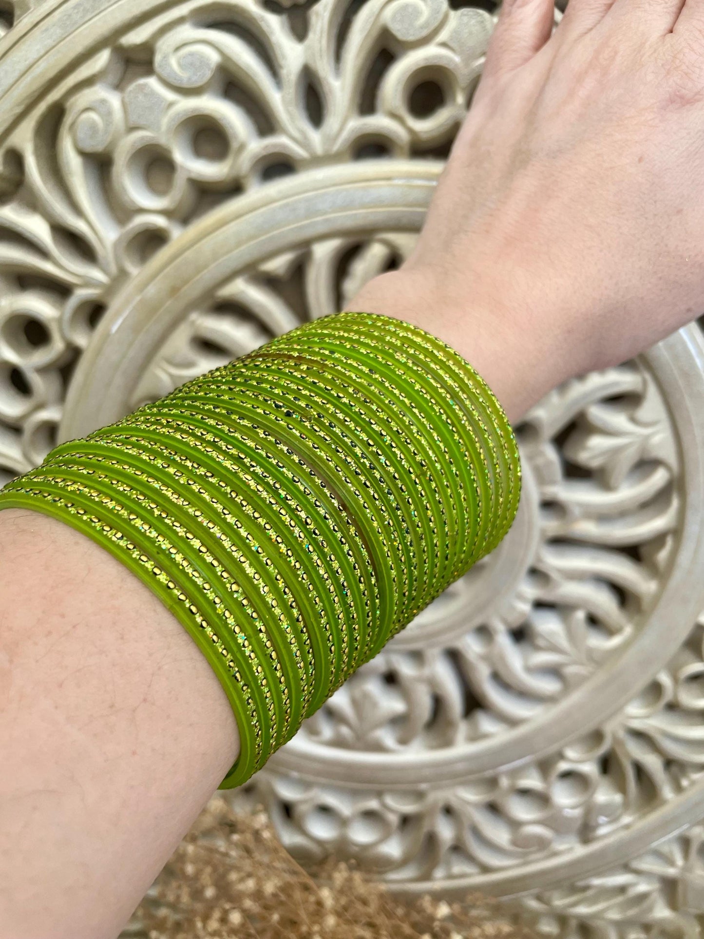 Glass Bangles- Tota Lime Green Colour Pack of 12 Glitter