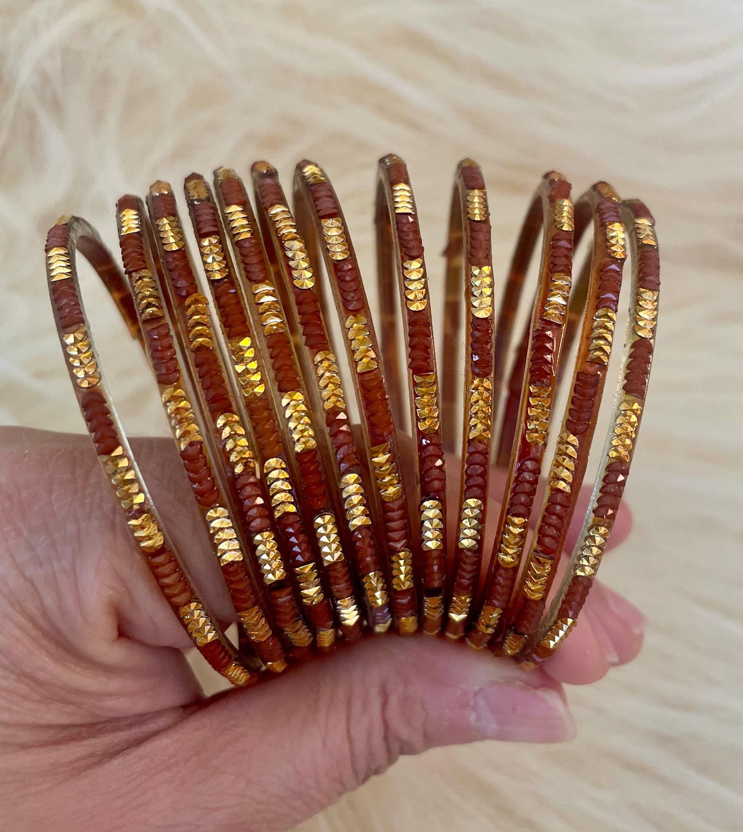 Brown Copper-ish Coloured Glass Bangles with embellishments | 12 Bangles