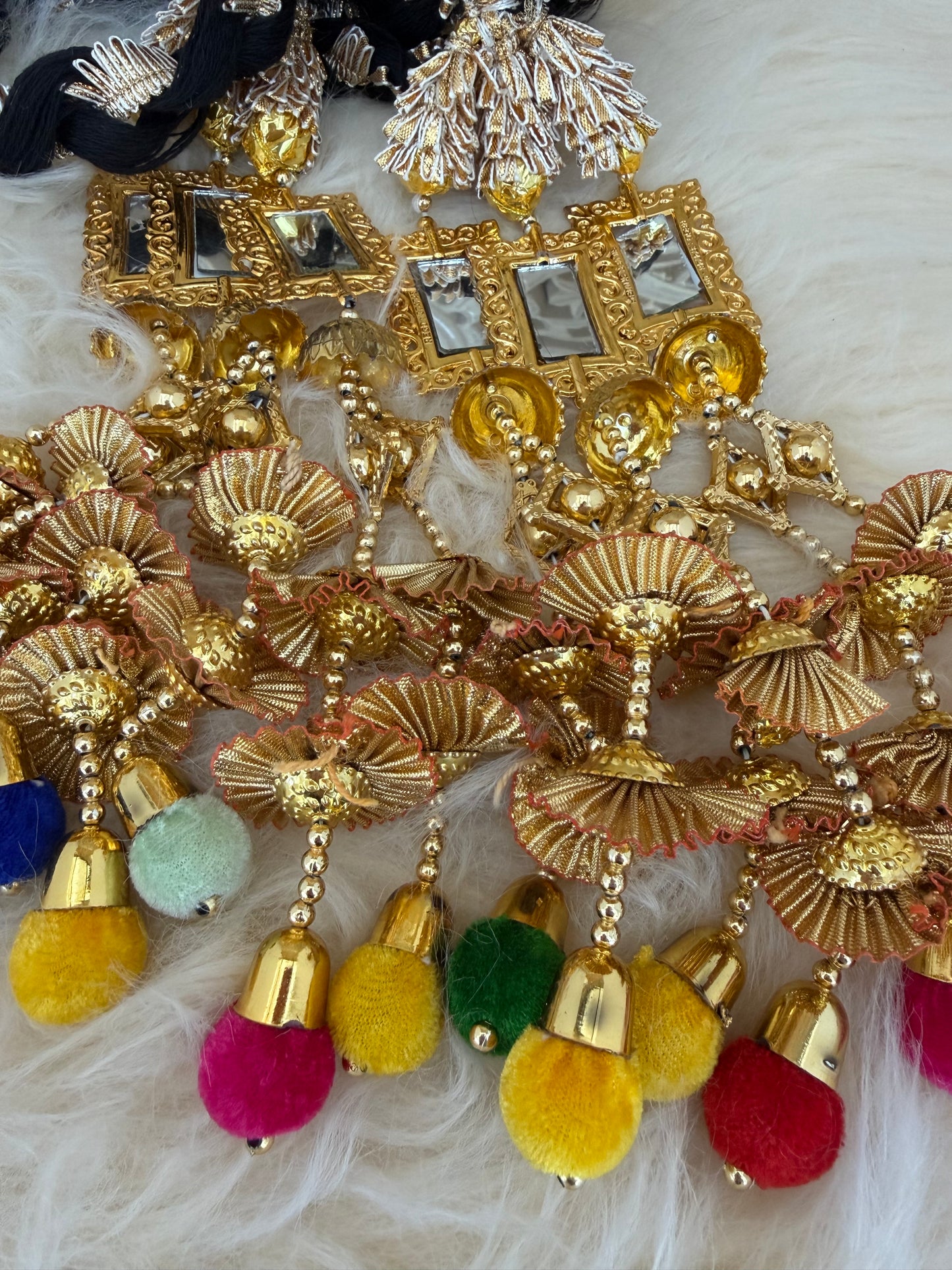 Gold Baubles Mirror Paranda Parande Mehendi Sangeet Maiyo Hair Braids Punjabi Weddings Phulkari