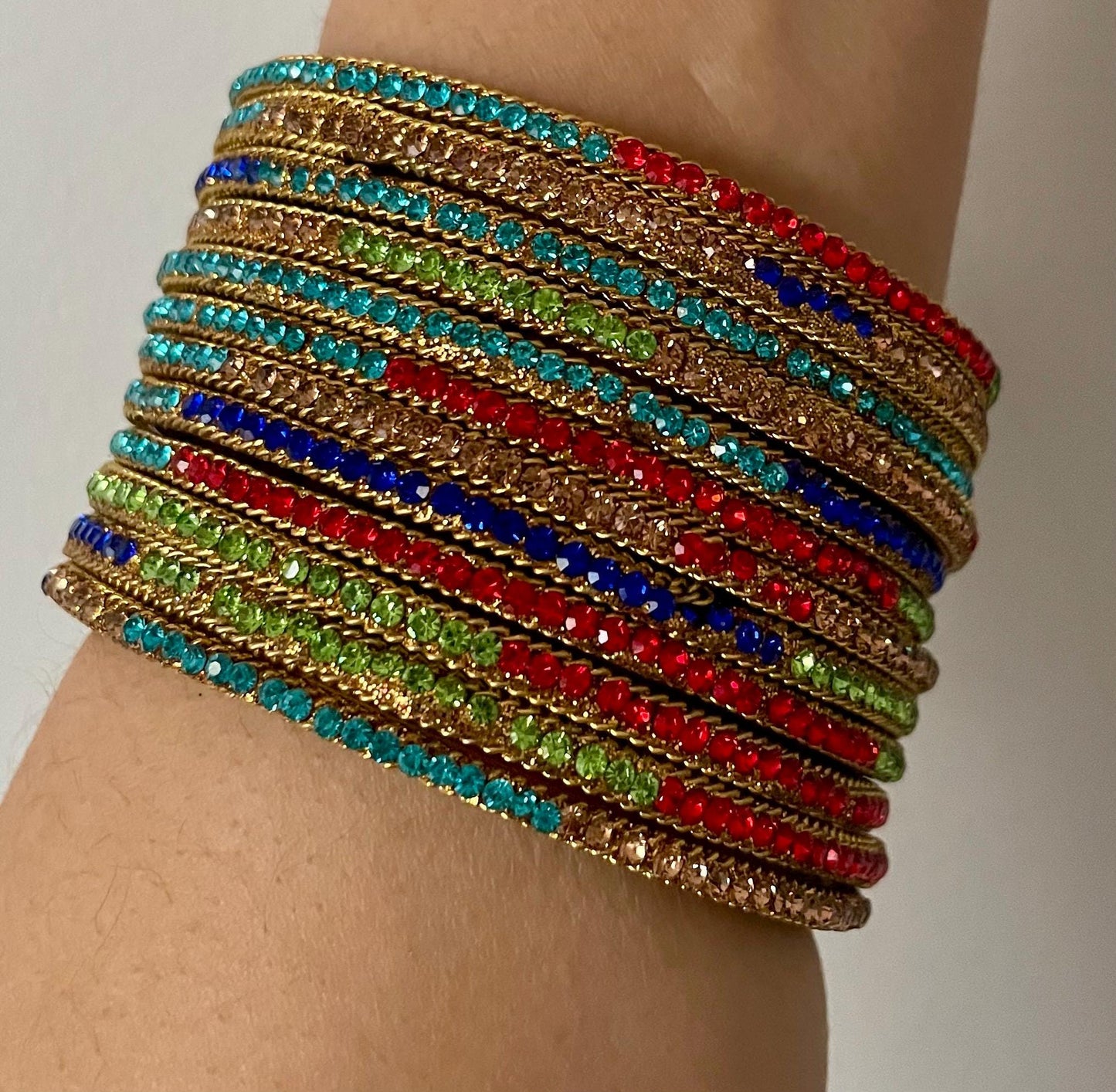 Glass Bangles encrusted with rhinestones and Golden chain on edges| Multi Coloured and Gold Stones | 12 Bangles