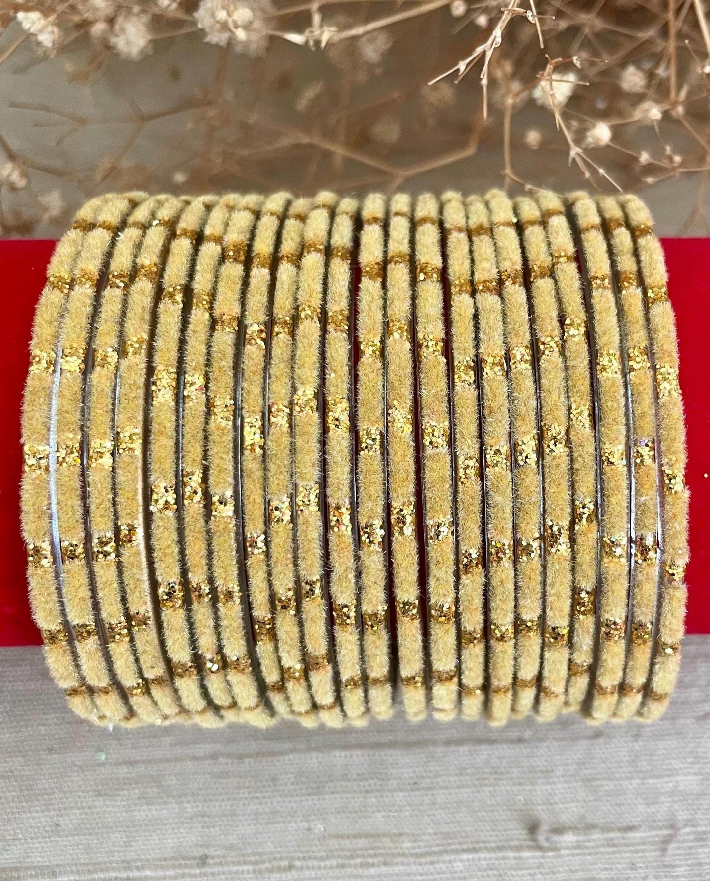 Glass Bangles-Velvet Beige Cream Colour Pack of 12 Glitter