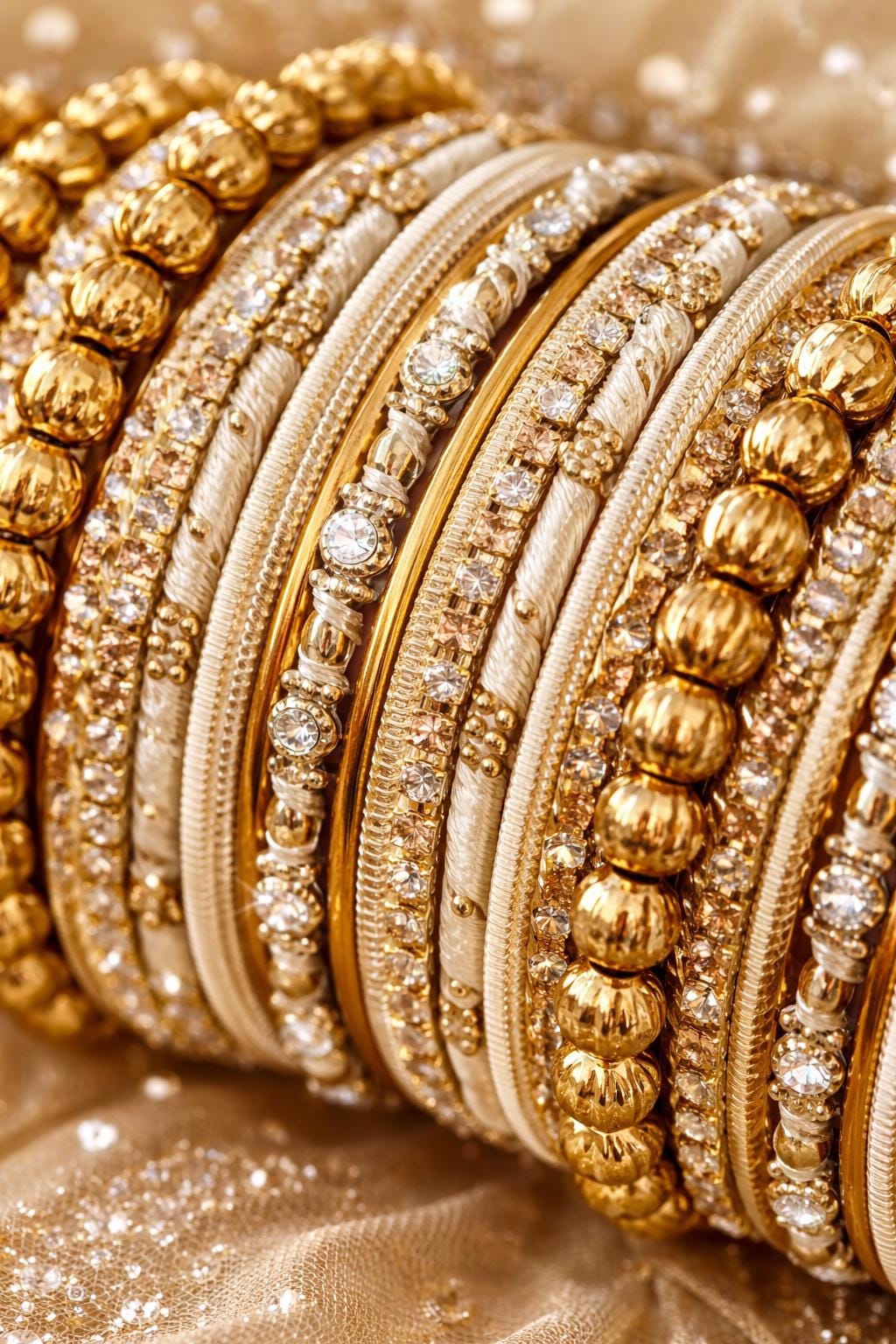 Gold n Ivory Bridal Bangle Set | Indian Wedding Chura Stack | Rhinestone & Beaded Bangles | Bride Jewelry | Festive Statement Wrist Stack
