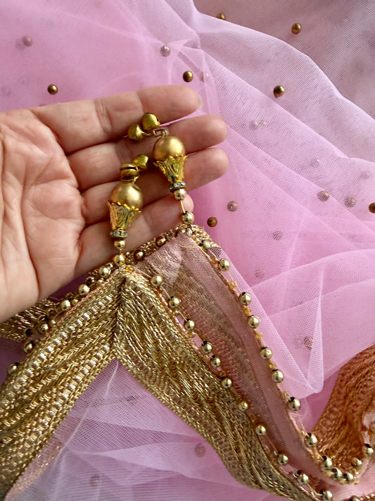 Pink Net Dupatta| Sample Sale| Net| All over beads| Border | Latkan| Clearance might have slight defects**