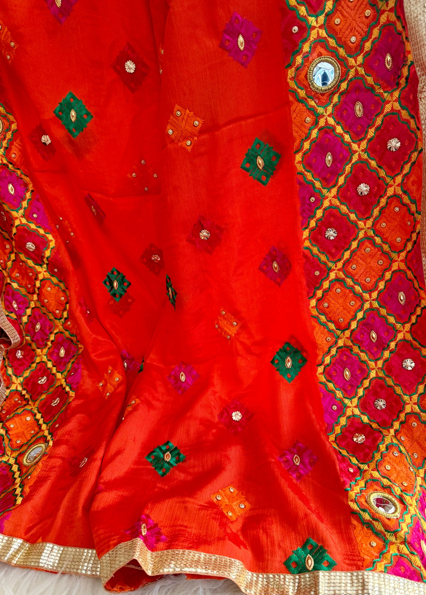Orange Chinon Dupatta | Multicolor Mirror Embroidered Scarf | Indian Ethnic Dupatta | Lightweight Shawl Phulkari| Clearance