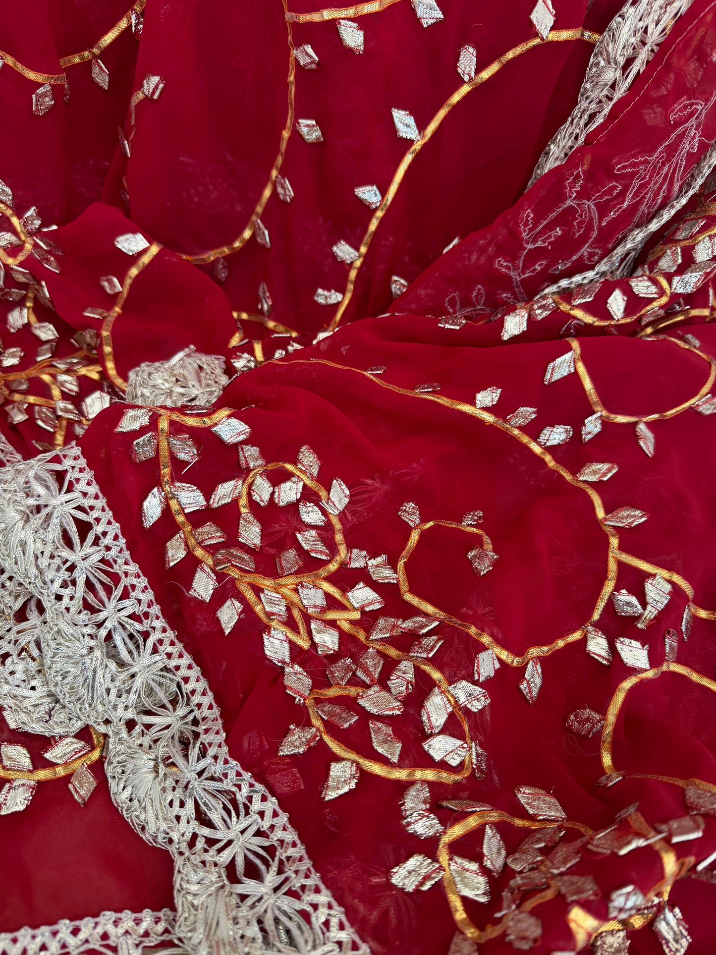 Dark-Red Silver Georgette Dupattas Heavy gota work border Scarf Chunni Chunri Odhni| Clearance