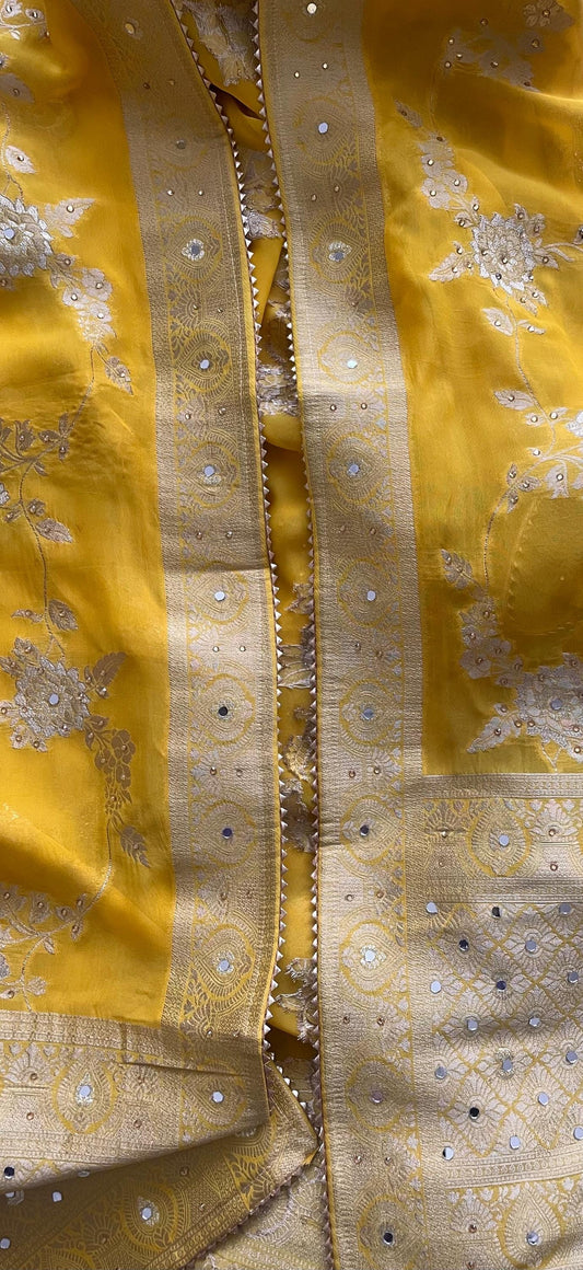 Yellow Benarsi Banarsi Duppattas Scarf Chunni Chunri Odhni with Mirrors and Champagne Rhinestones.