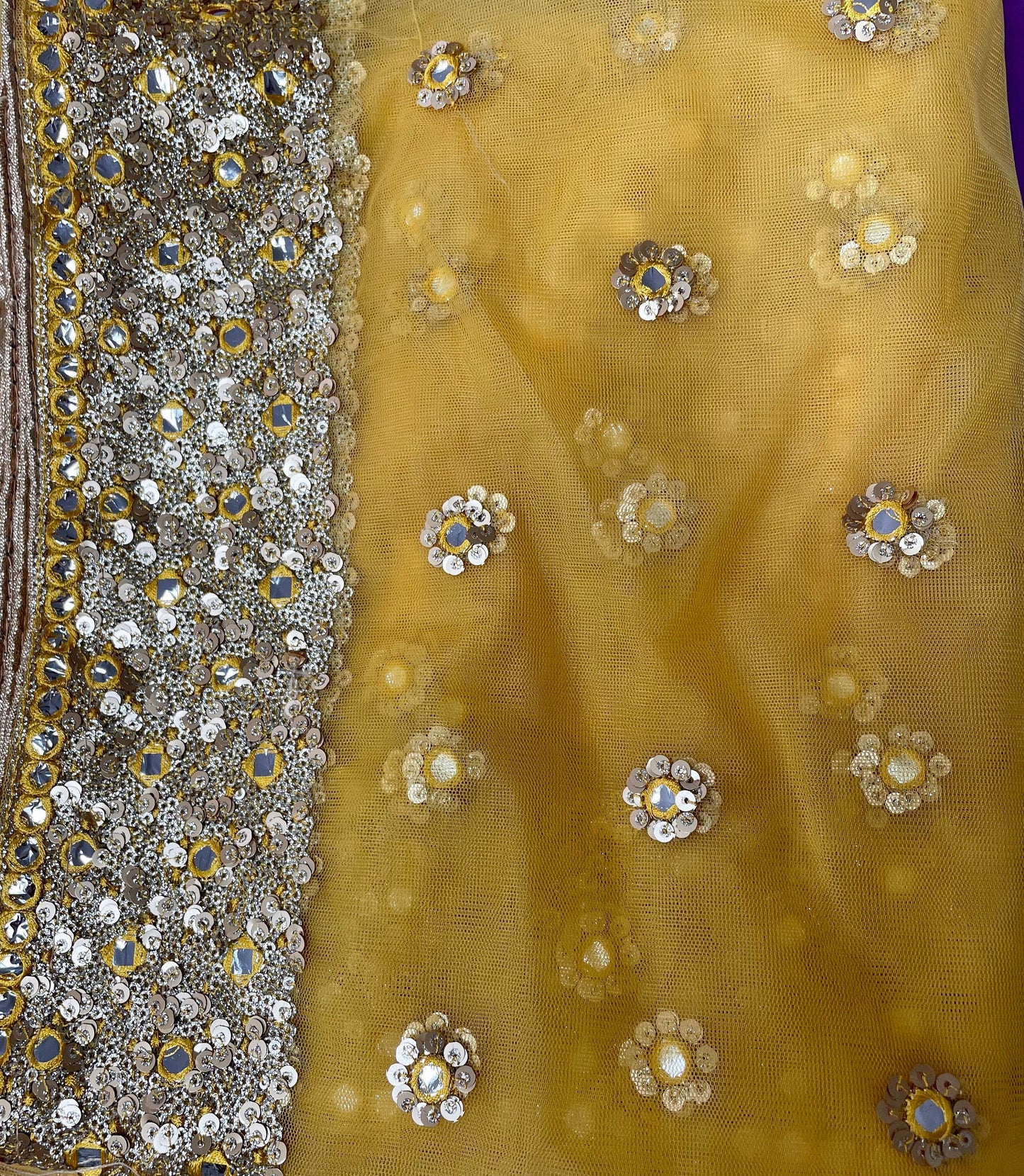 Yellow| Net Duppattas Broad Sequin cluster faux mirror work border Scarf Chunni Chunri Odhni Weddings Dressing