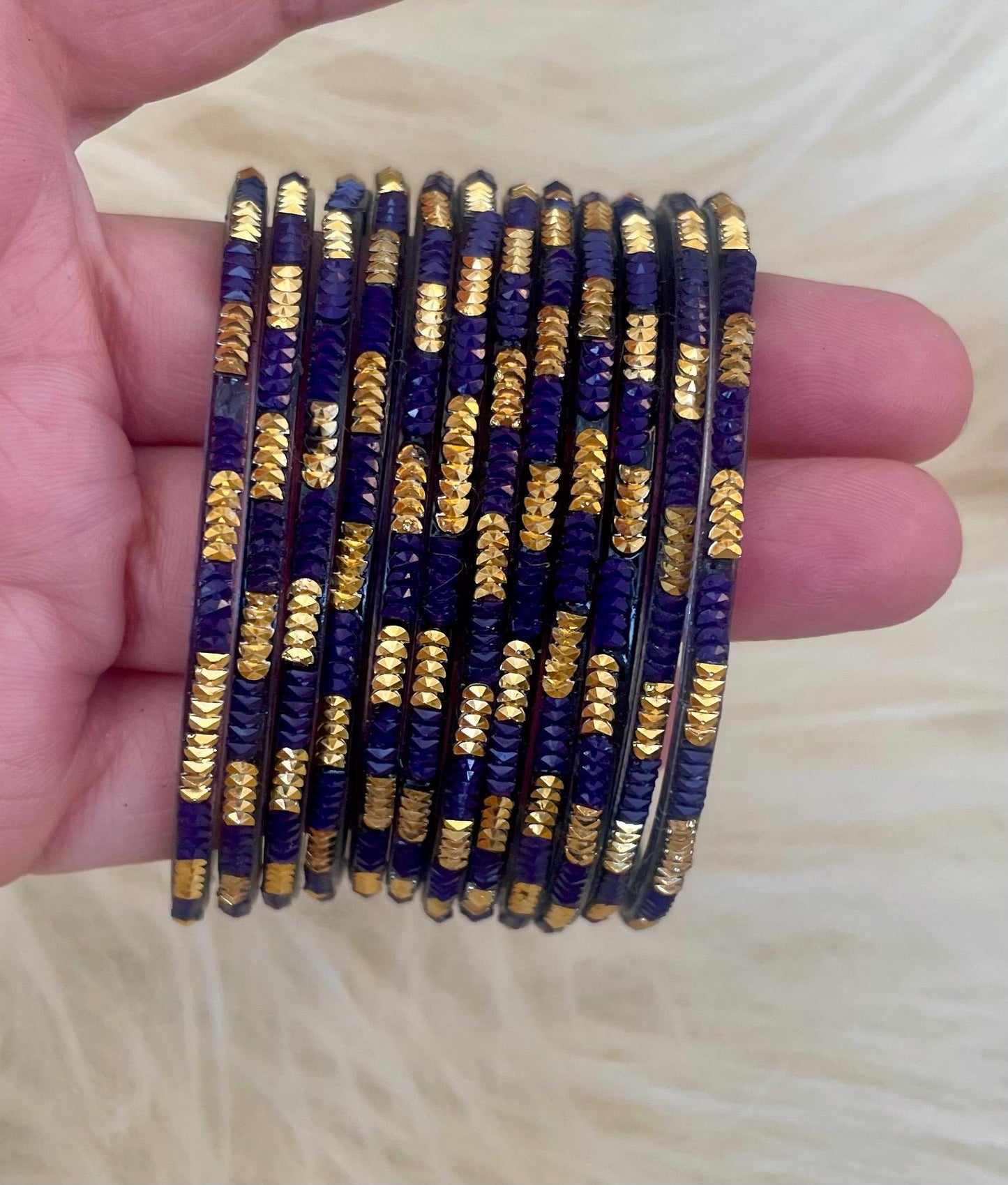 Navy Blue Coloured Glass Bangles with embellishments | 12 Bangles