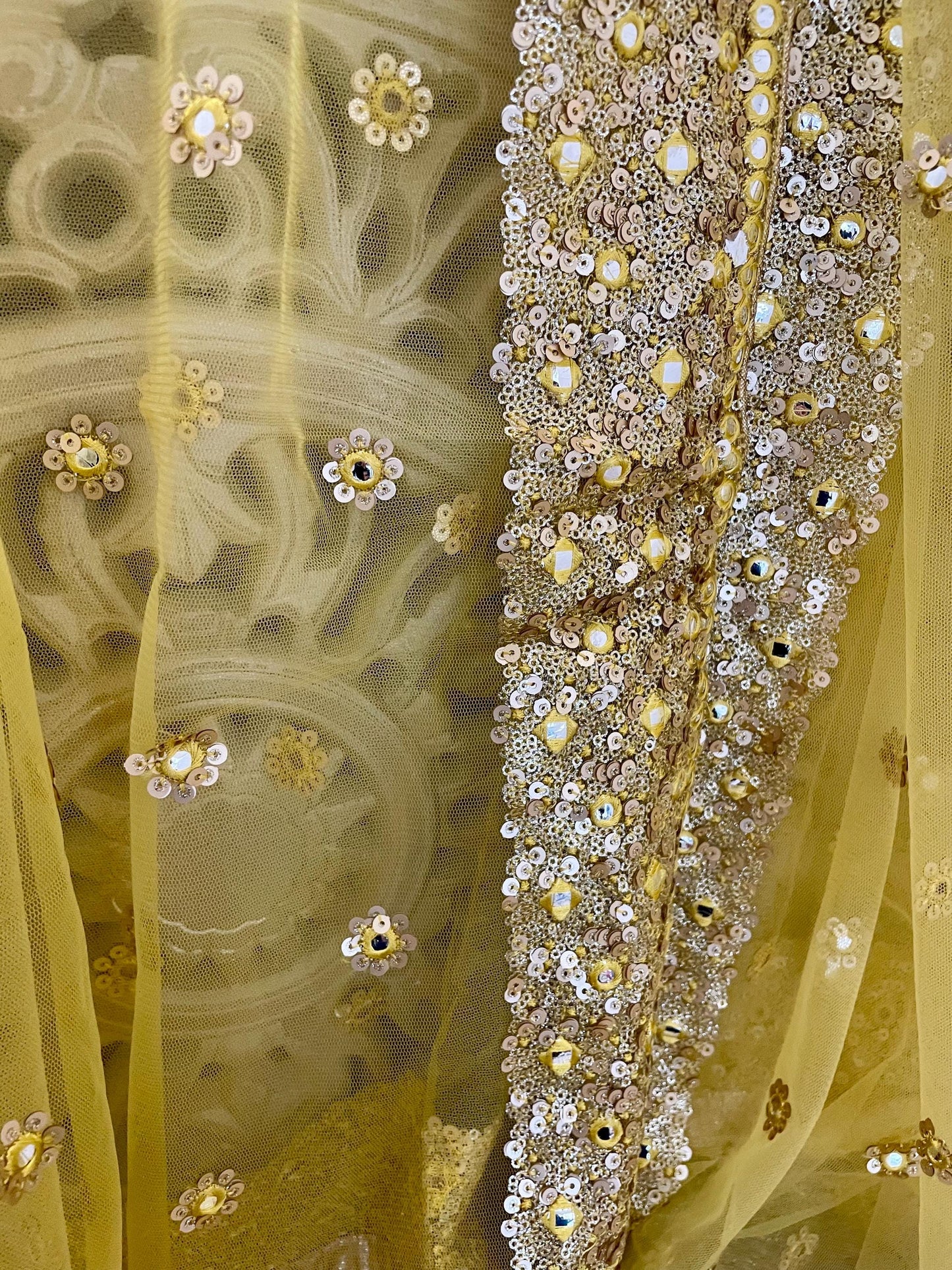 Yellow| Net Duppattas Broad Sequin cluster faux mirror work border Scarf Chunni Chunri Odhni Weddings Dressing