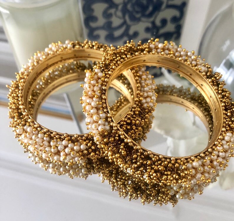 Pair of Gold and Pearl Statement Kangan Karas Indian Bangles Handwoven Gajra Bangles