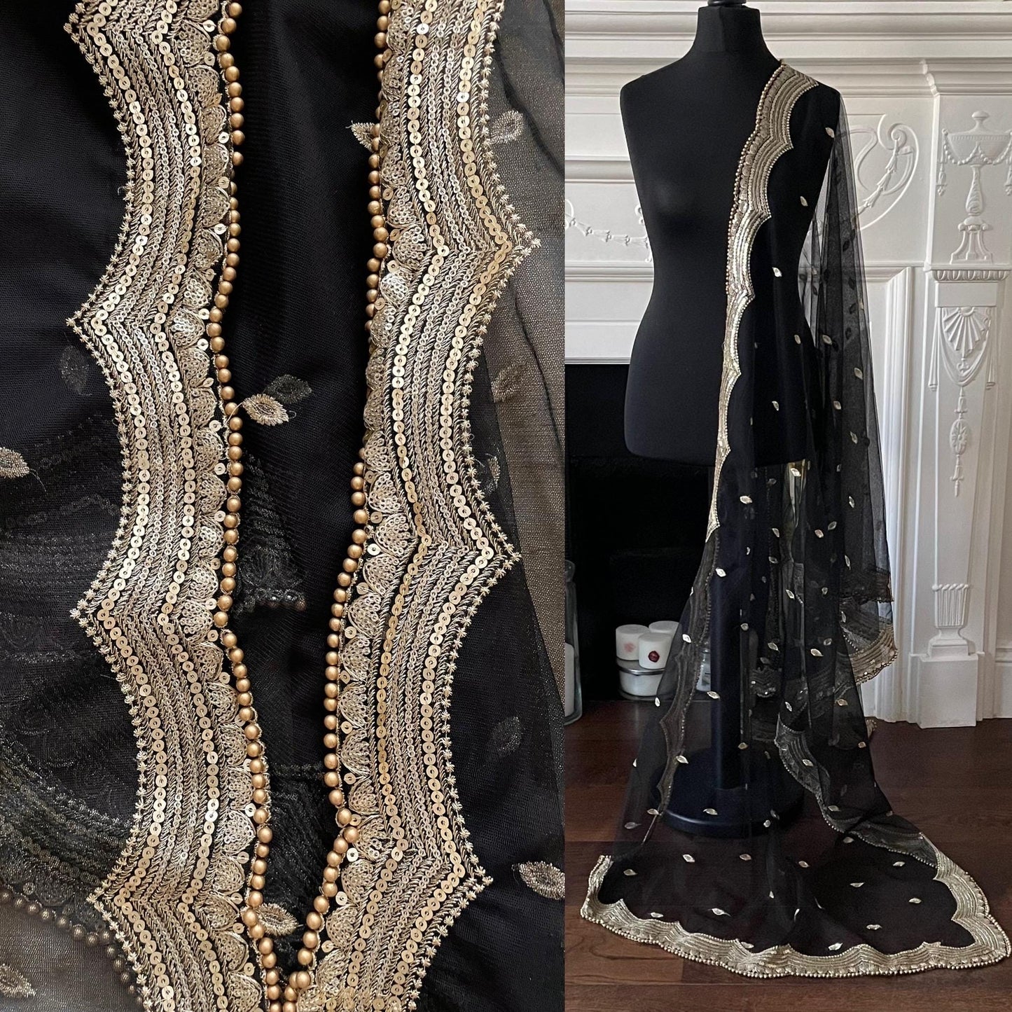 Black Net Dupatta: Scalloped Sequin Border, Golden Beads