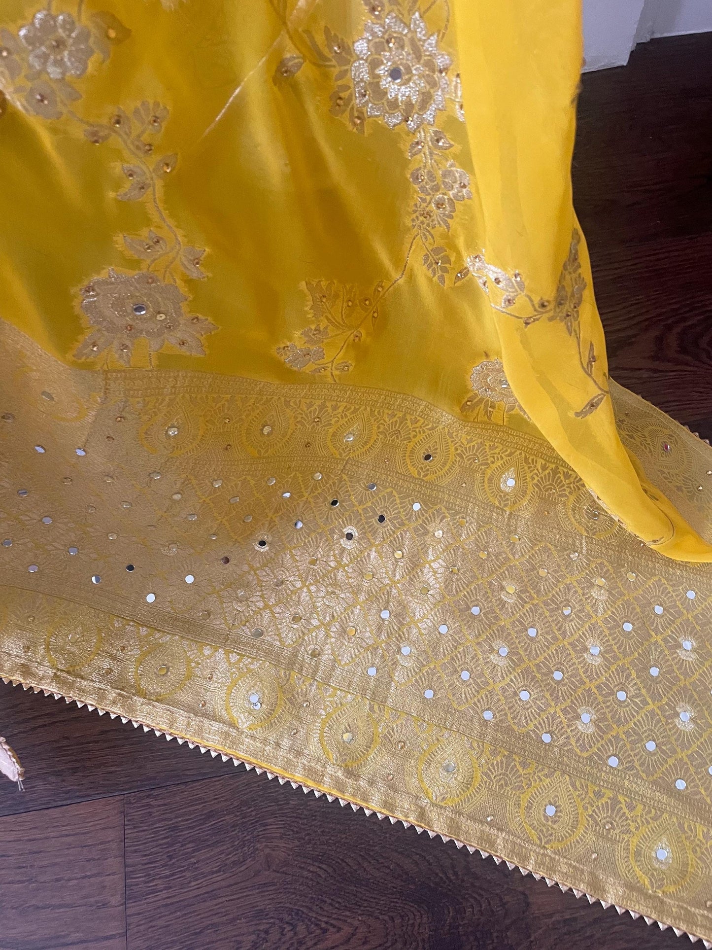 Yellow Benarsi Banarsi Duppattas Scarf Chunni Chunri Odhni with Mirrors and Champagne Rhinestones.