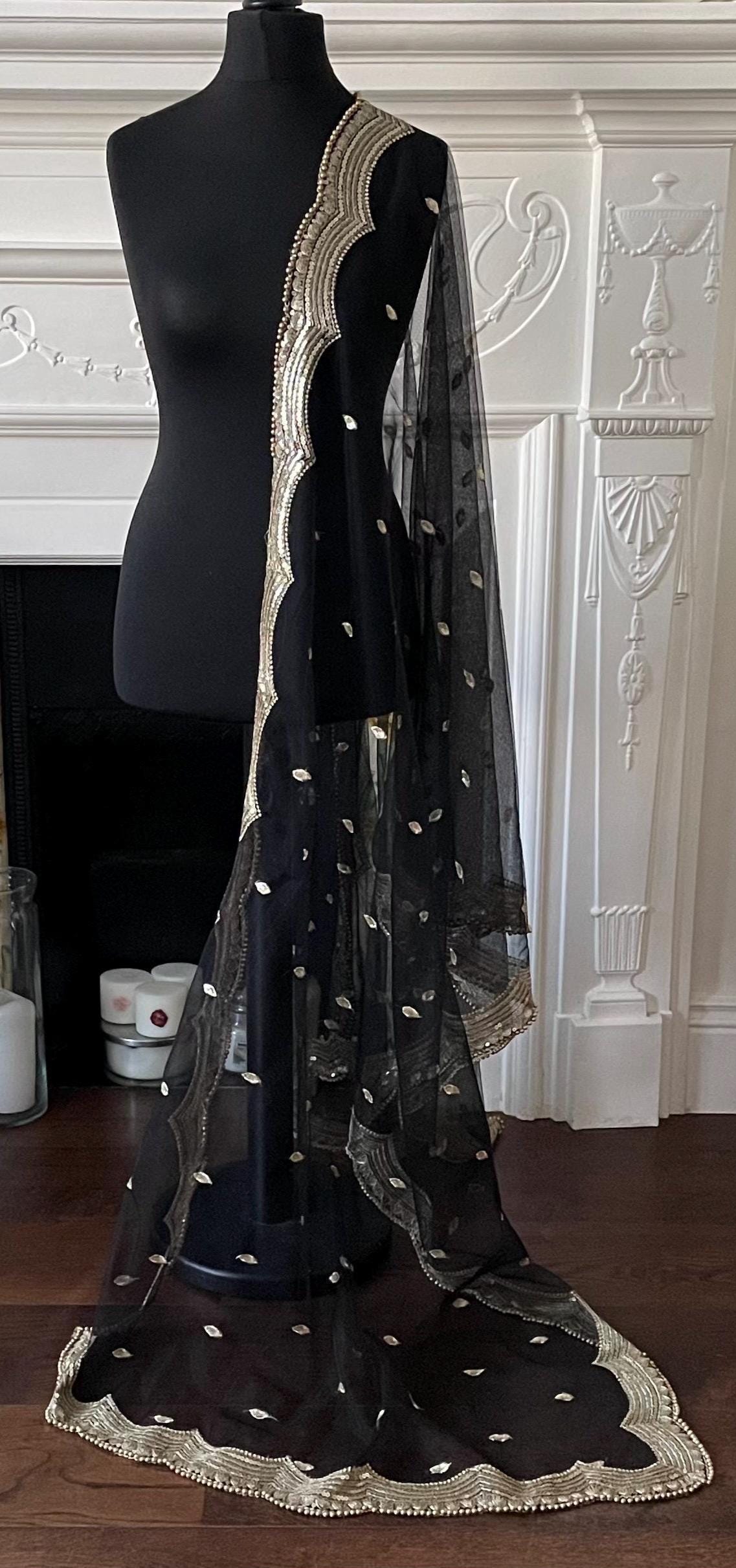 Black Net Dupatta: Scalloped Sequin Border, Golden Beads