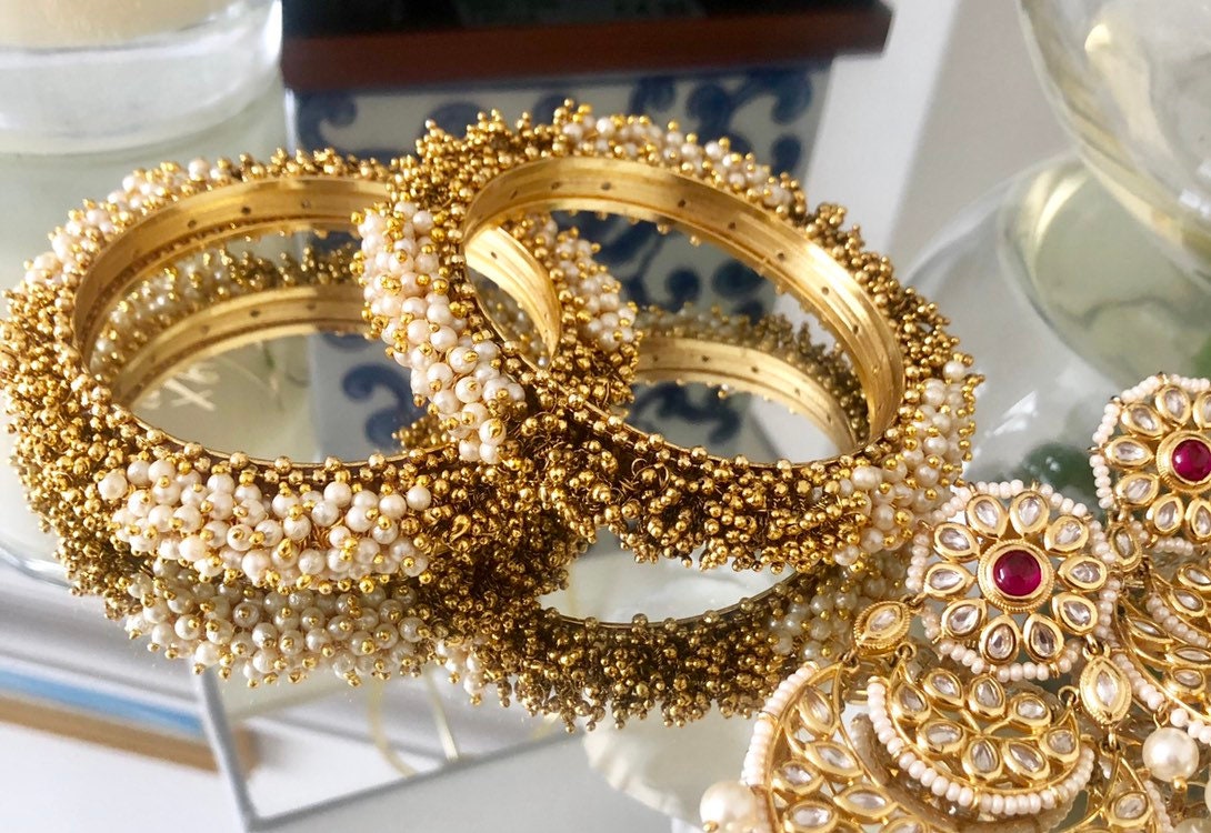 Pair of Gold and Pearl Statement Kangan Karas Indian Bangles Handwoven Gajra Bangles