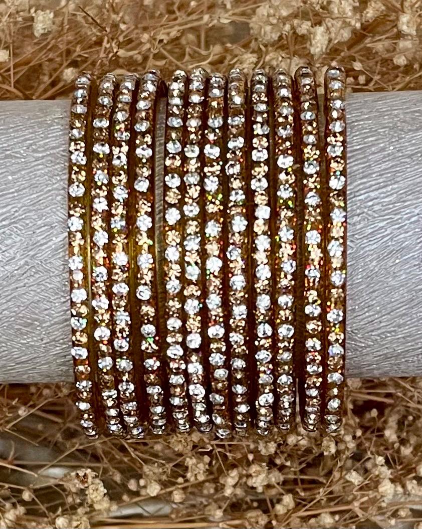 Golden and White Stones Glass Bangles with LCD stones| 12 Bangles