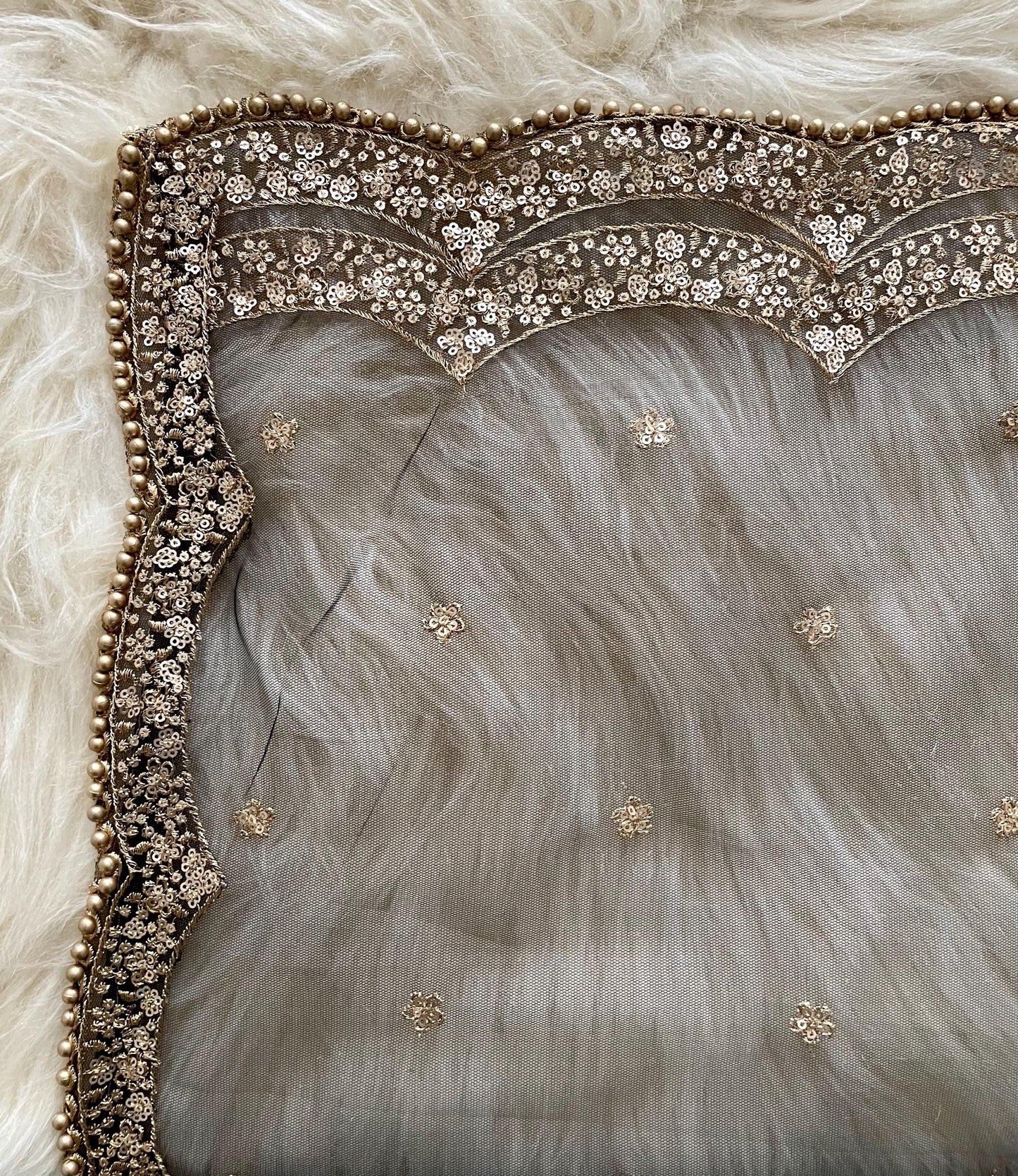 Navy - Blackish Blue| Net Duppattas scallop Sequin Golden beads border Scarf Chunni Chunri