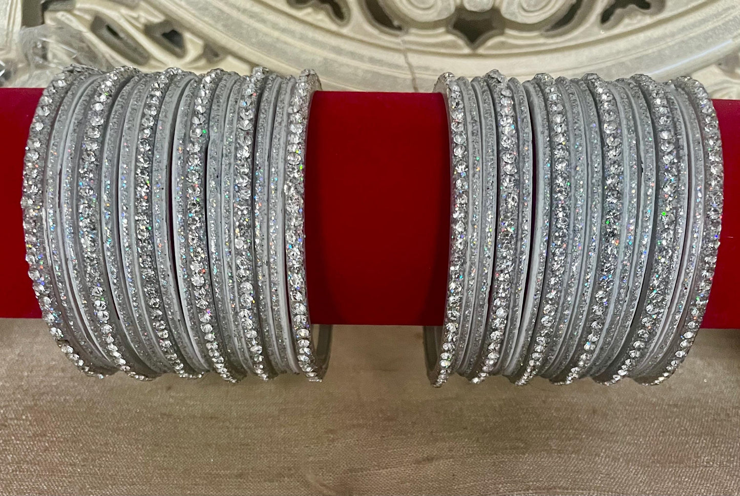 Glass Bangles Silver and White Sparkle and Glitter Stones | 32 Bangles| Set for two hands