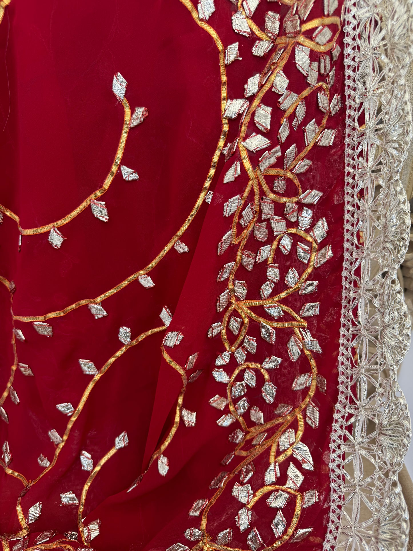 Dark-Red Silver Georgette Dupattas Heavy gota work border Scarf Chunni Chunri Odhni| Clearance
