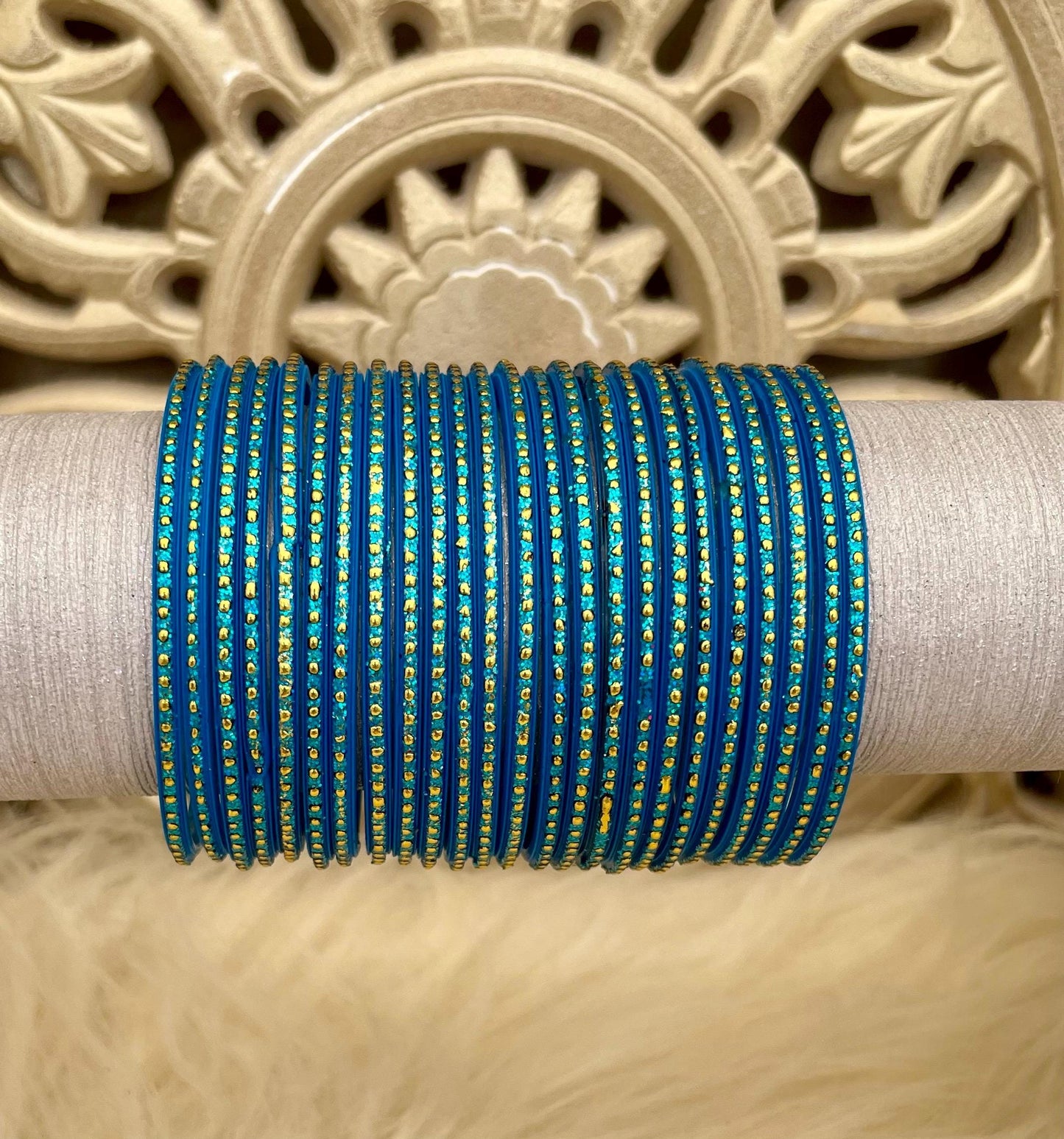 Glass Bangles- Blue Firozi Colour Pack of 12 Glitter